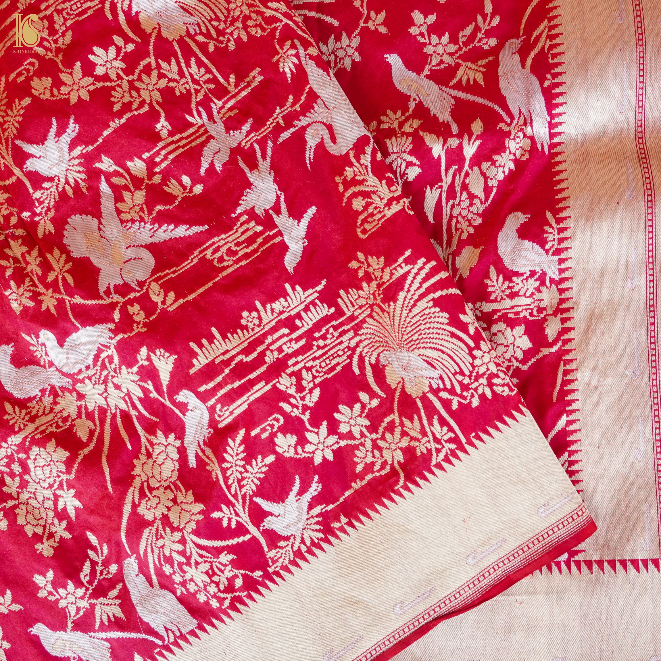 Crimson Red Pure Katan Silk Handwoven Banarasi Shikargah Dupatta - Khinkhwab