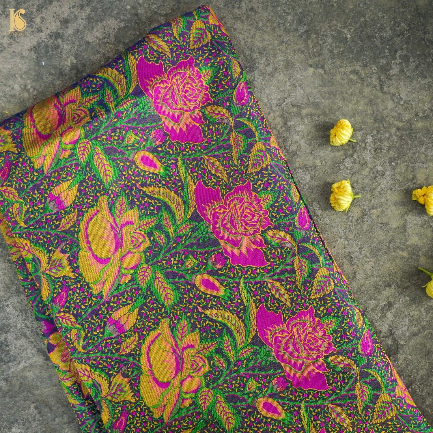 Regal Blue Pure Katan Silk Banarasi Meenakari Rose Fabric - Khinkhwab