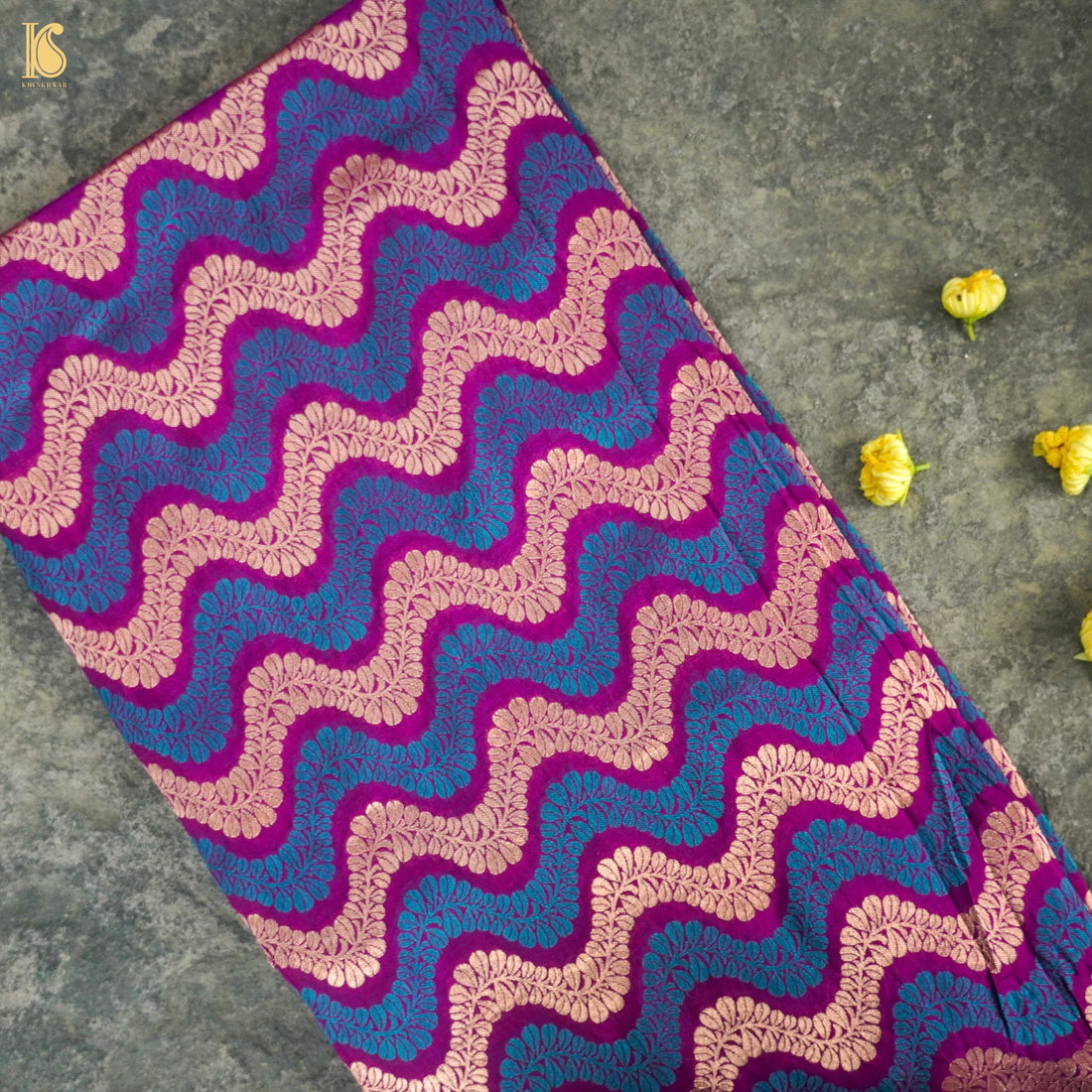 Violet Pure Katan Silk Banarasi Zig Zag Fabric - Khinkhwab