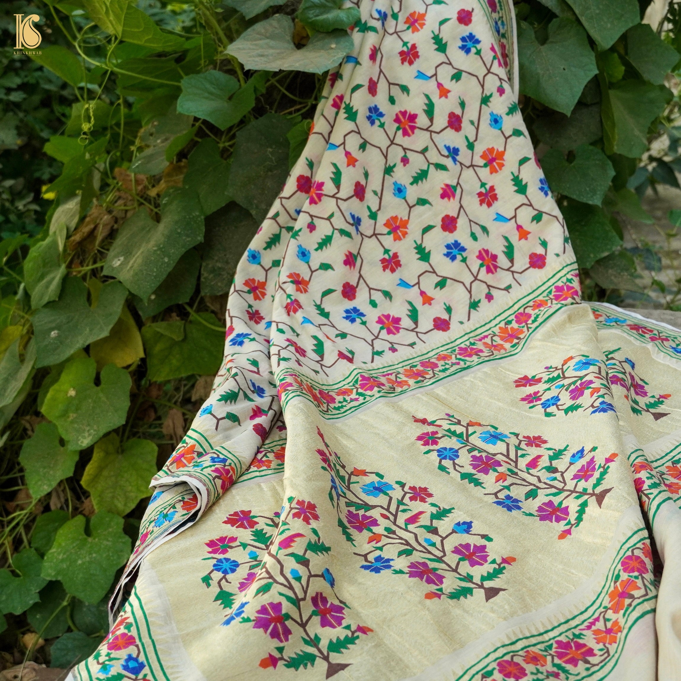 White Pure Moonga Silk Handloom Banarasi Dupatta - Khinkhwab