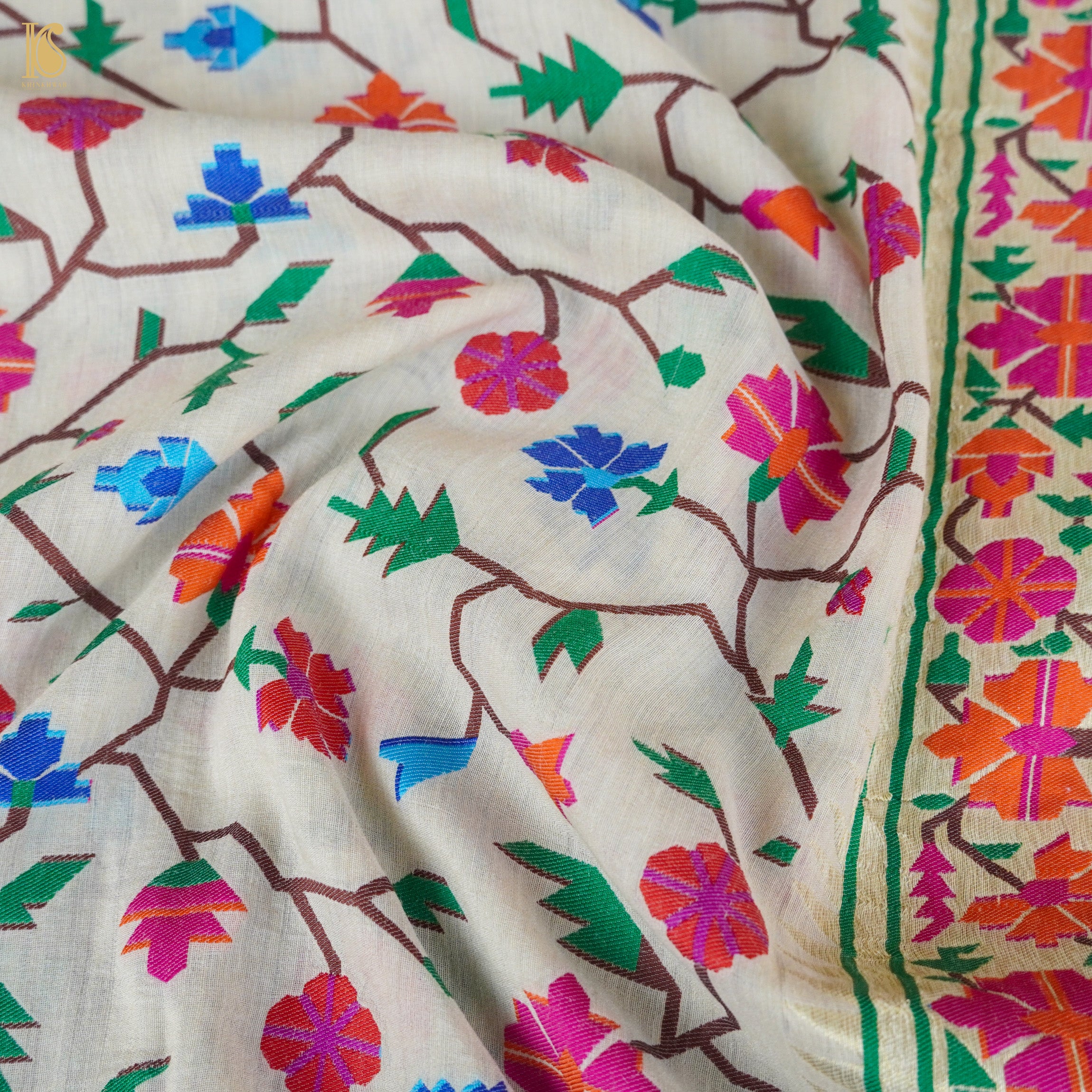 White Pure Moonga Silk Handloom Banarasi Dupatta - Khinkhwab