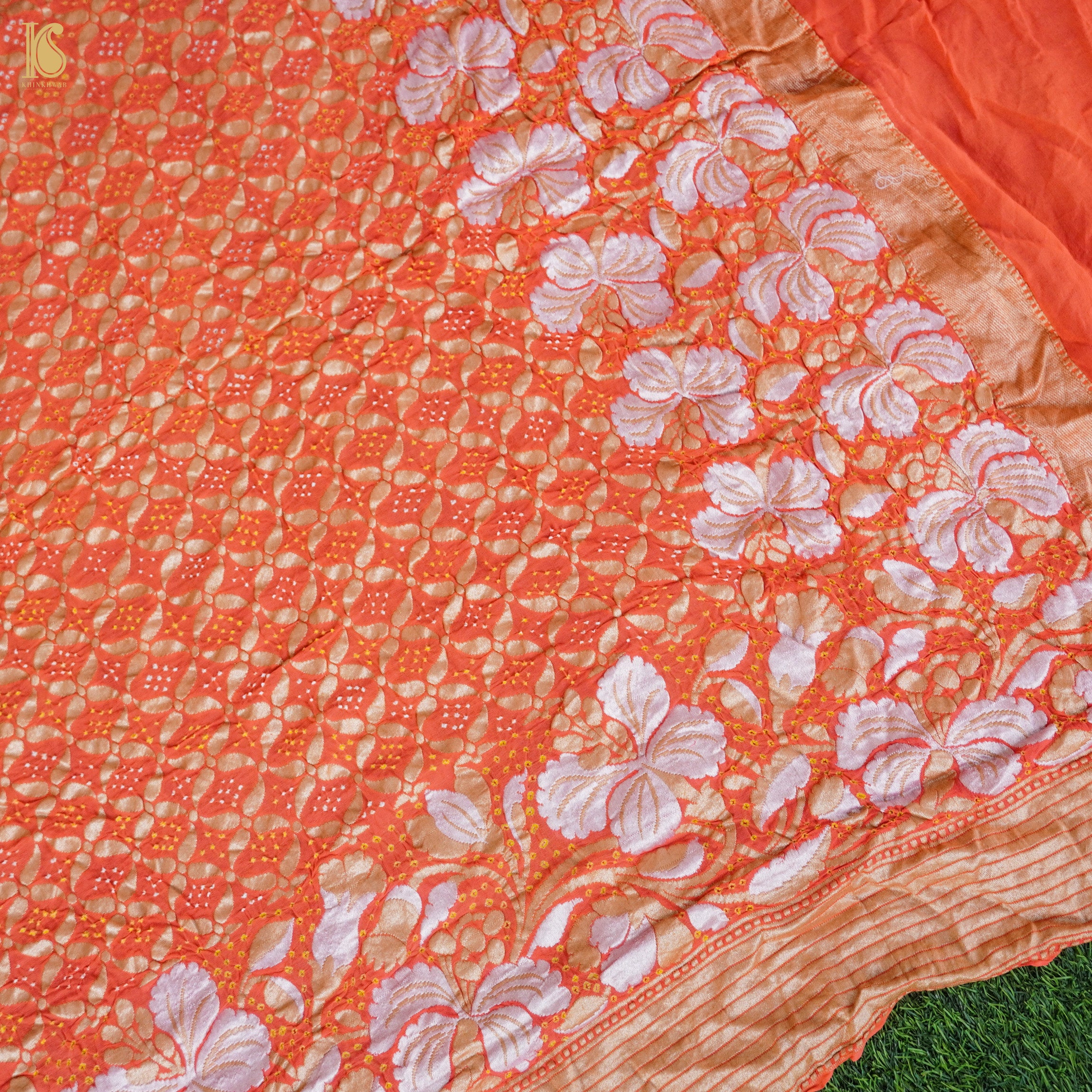 Orange Pure Georgette Handloom Banarasi Bandhani Dahlia Saree - Khinkhwab