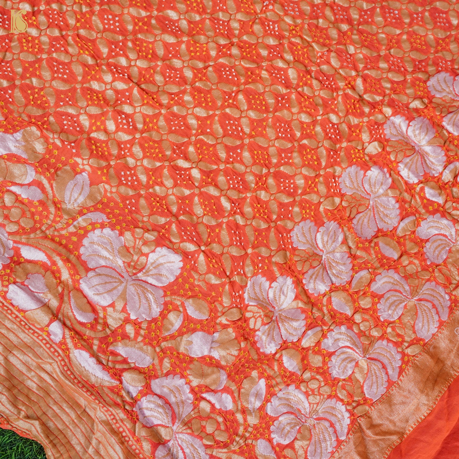 Orange Pure Georgette Handloom Banarasi Bandhani Dahlia Saree - Khinkhwab