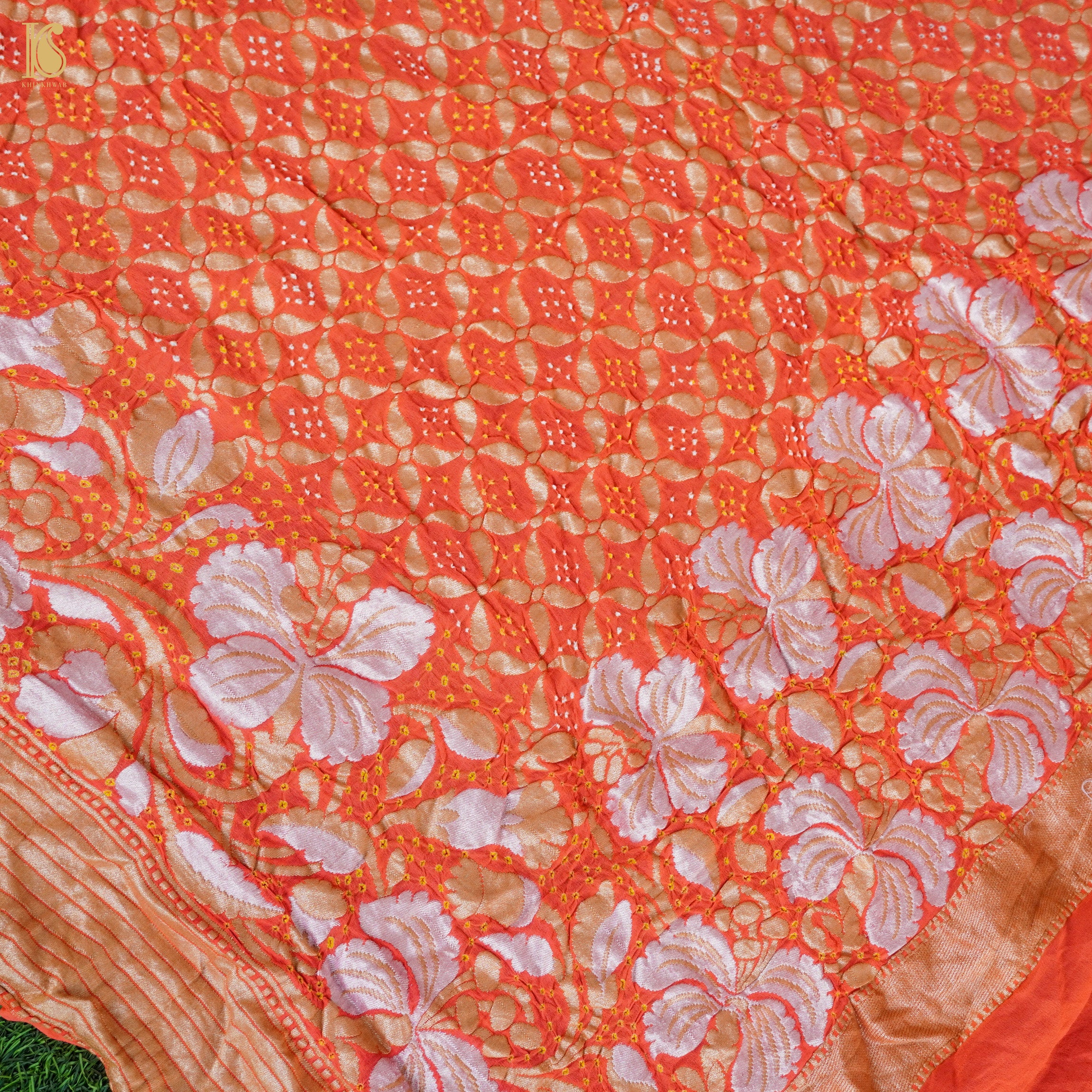 Orange Pure Georgette Handloom Banarasi Bandhani Dahlia Saree - Khinkhwab