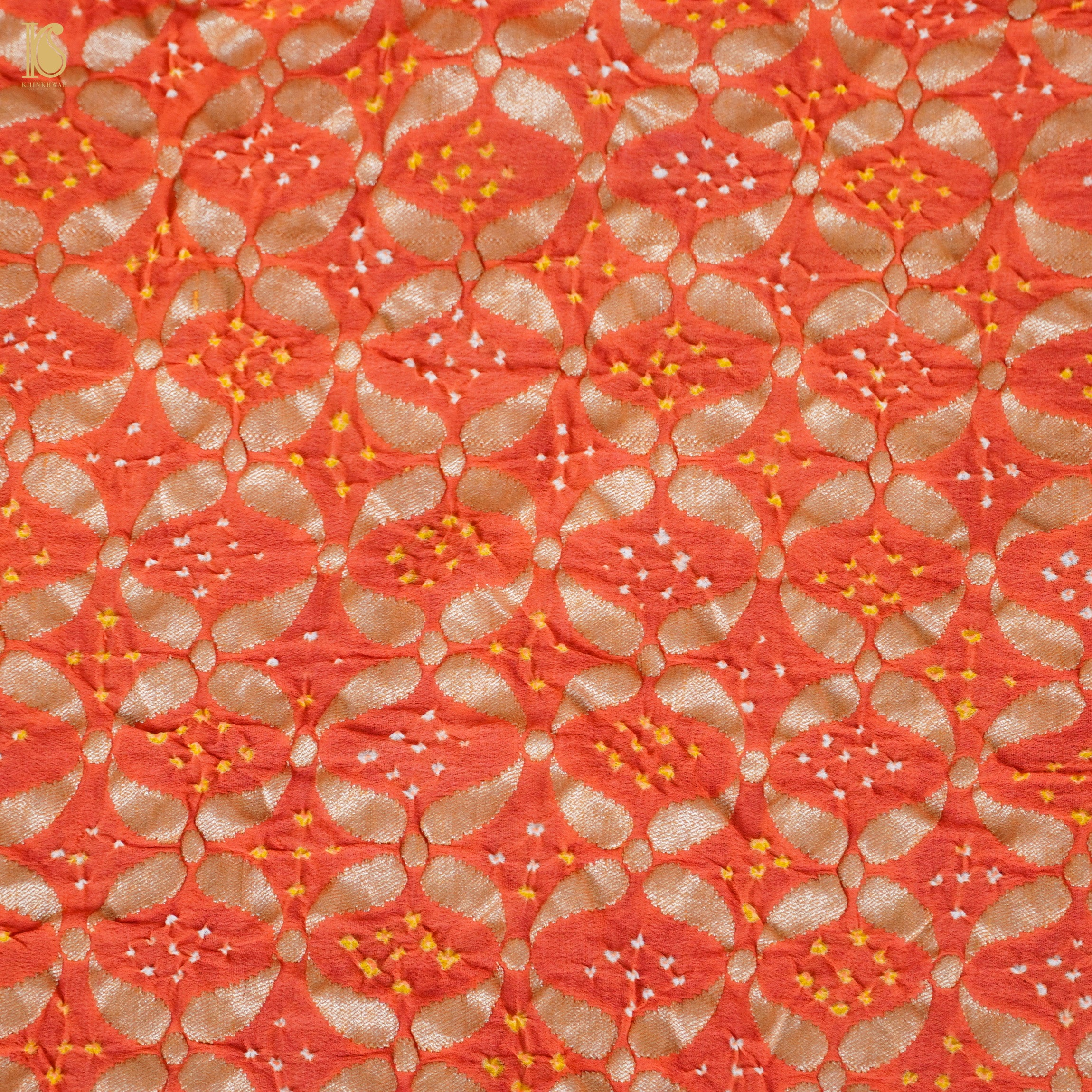 Orange Pure Georgette Handloom Banarasi Bandhani Dahlia Saree - Khinkhwab