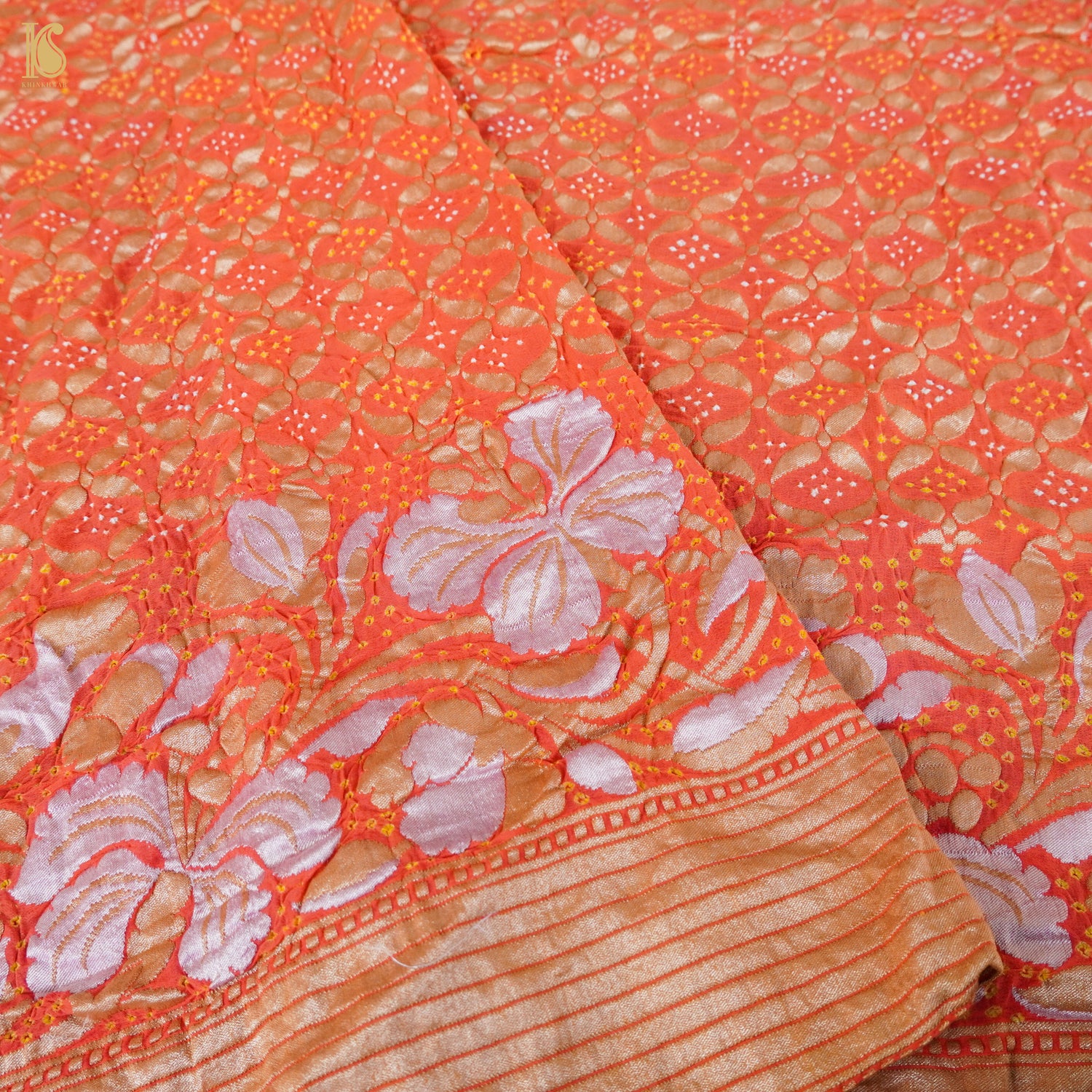 Orange Pure Georgette Handloom Banarasi Bandhani Dahlia Saree - Khinkhwab