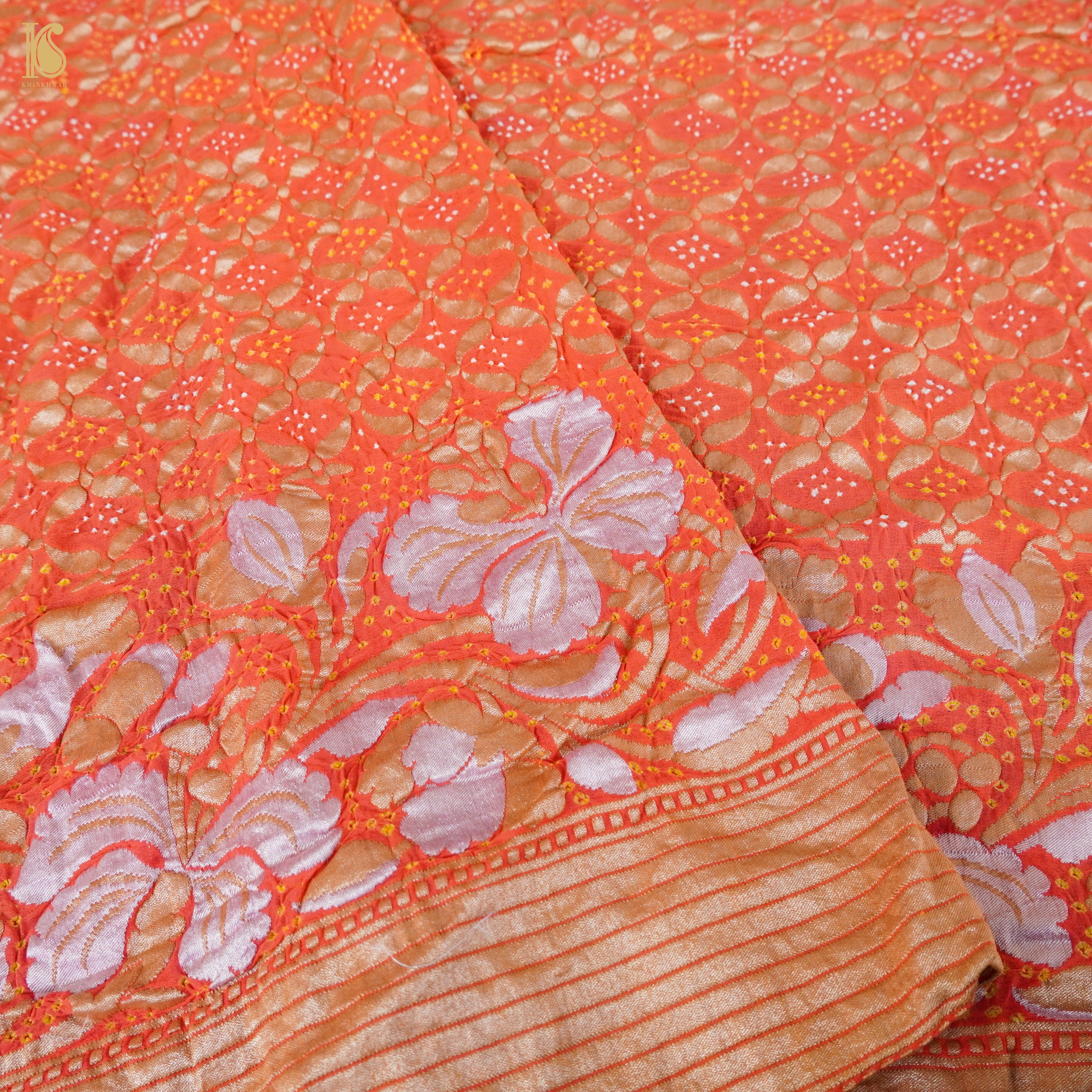 Orange Pure Georgette Handloom Banarasi Bandhani Dahlia Saree - Khinkhwab
