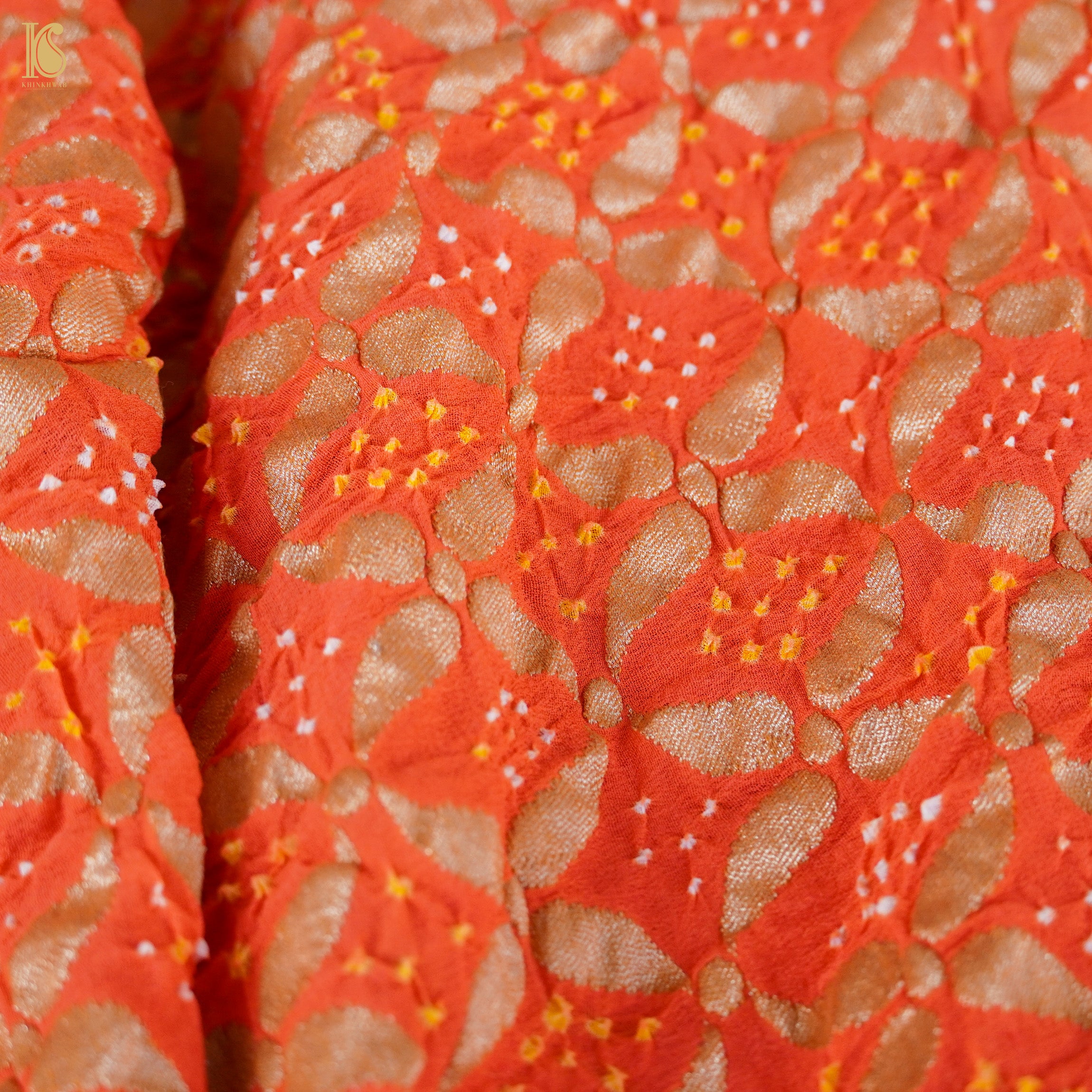Orange Pure Georgette Handloom Banarasi Bandhani Dahlia Saree - Khinkhwab