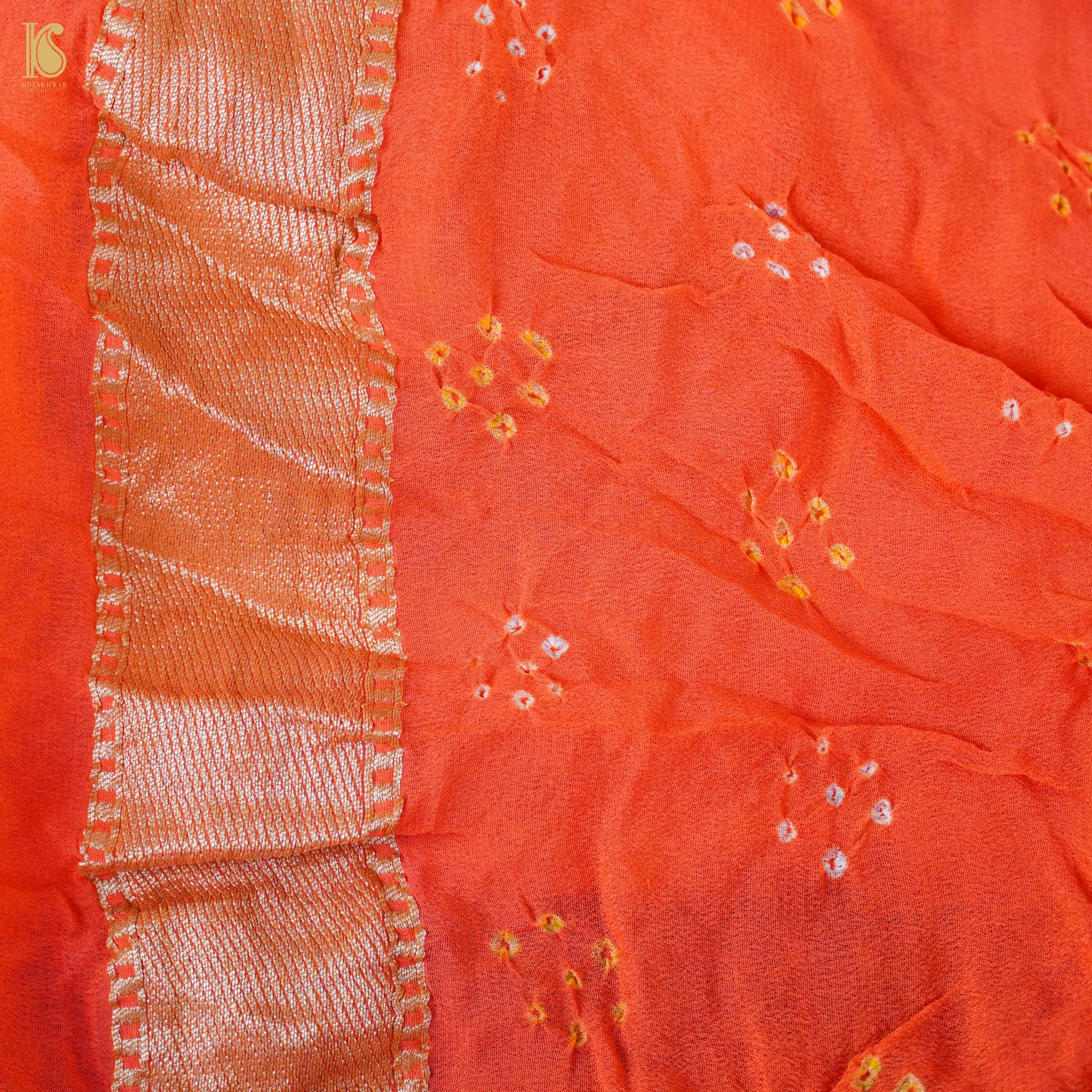 Orange Pure Georgette Handloom Banarasi Bandhani Dahlia Saree - Khinkhwab