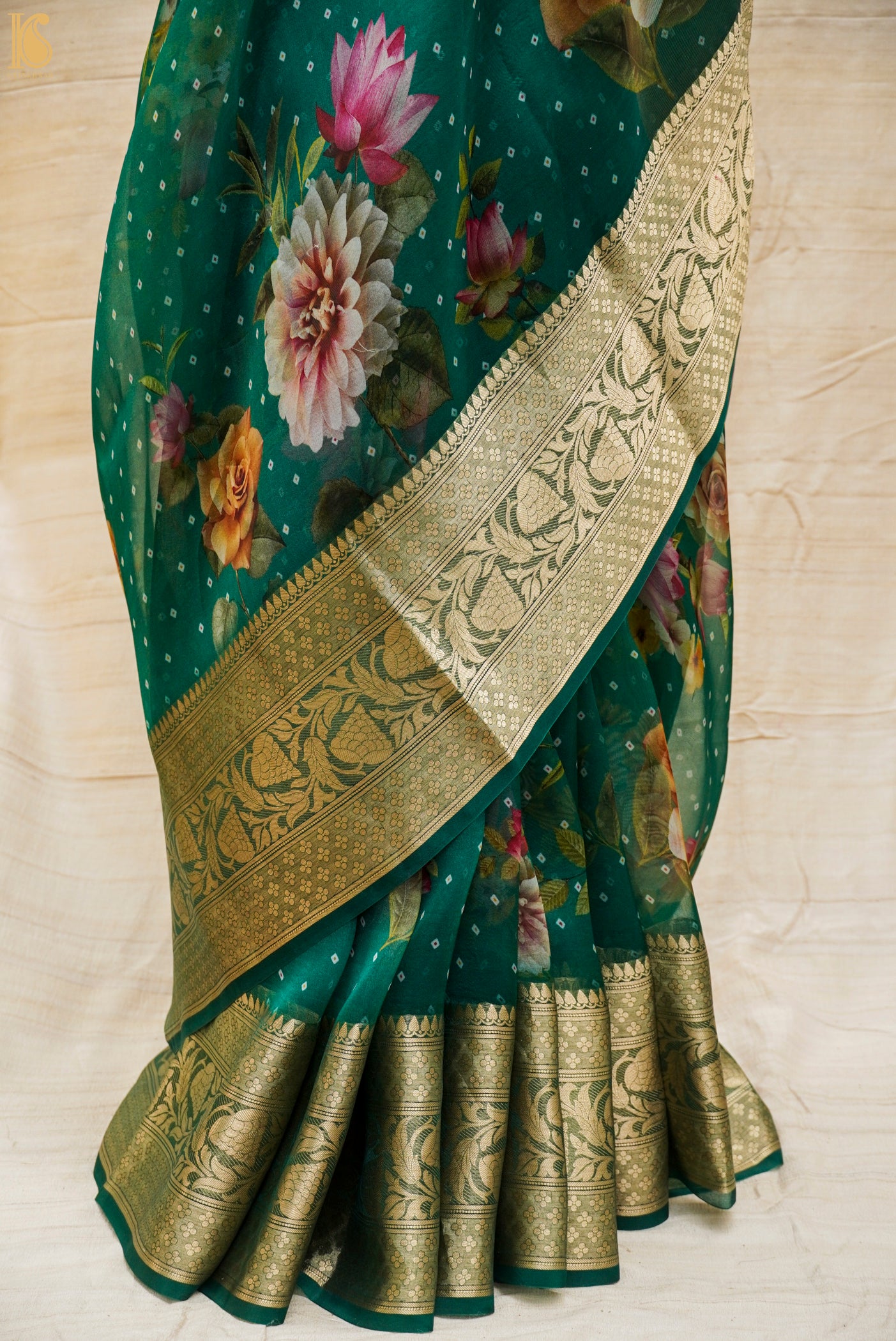 Pine Green Pure Organza Silk Floral Print Banarasi Border Saree - Khinkhwab