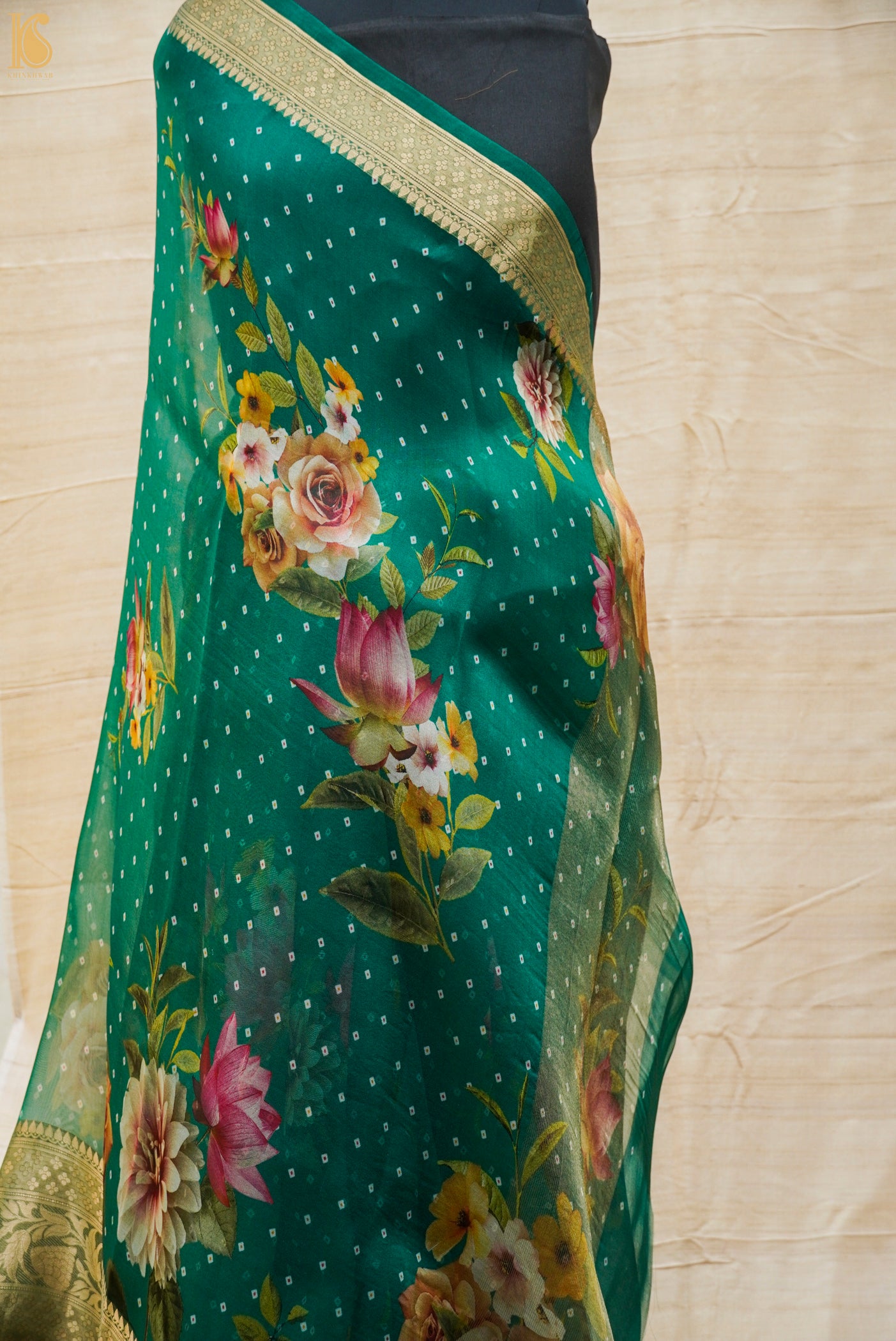 Pine Green Pure Organza Silk Floral Print Banarasi Border Saree - Khinkhwab