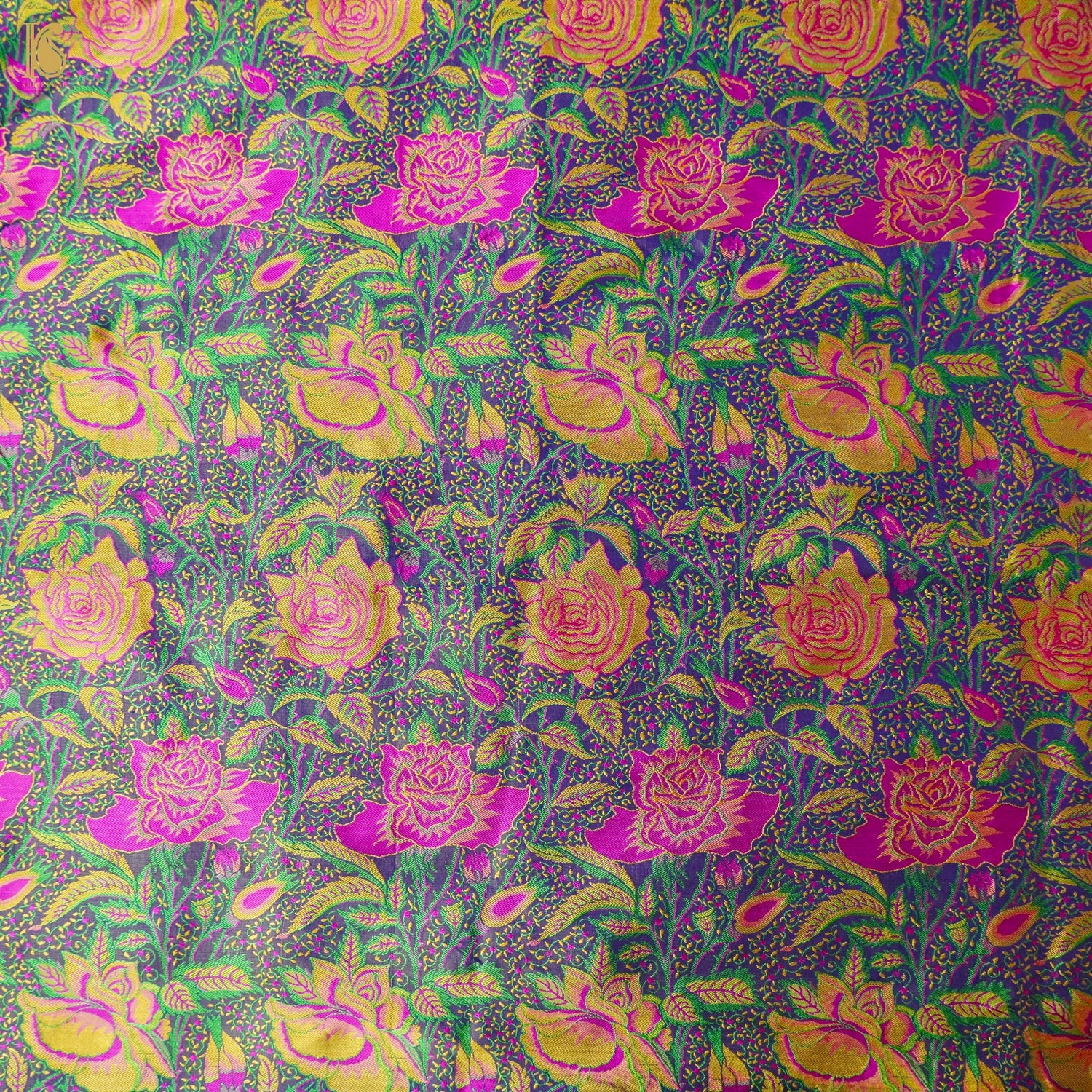 Regal Blue Pure Katan Silk Banarasi Meenakari Rose Fabric - Khinkhwab