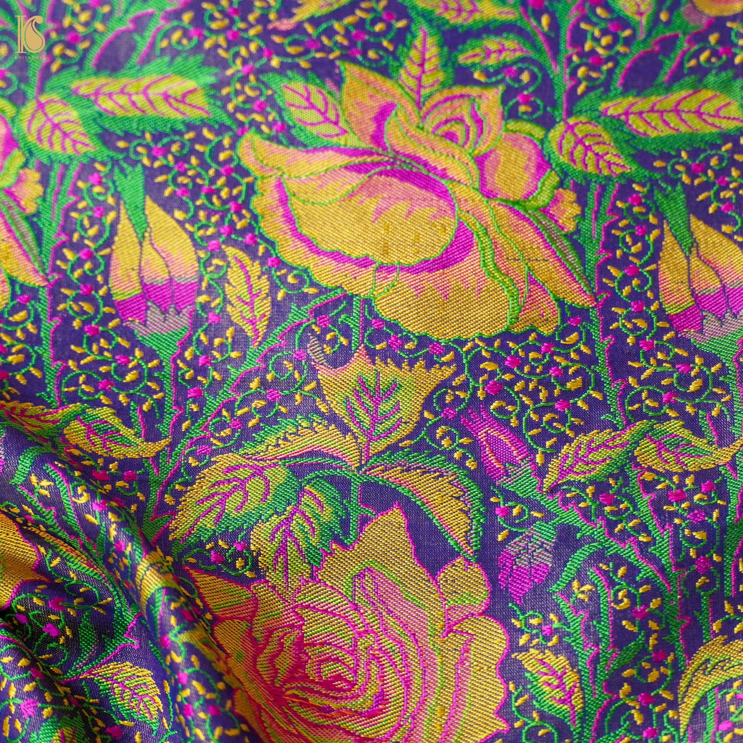 Regal Blue Pure Katan Silk Banarasi Meenakari Rose Fabric - Khinkhwab