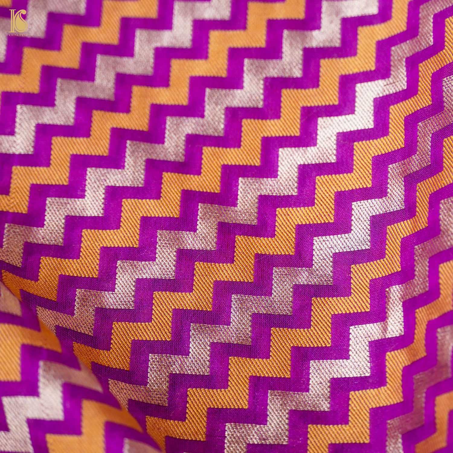 Purple Pure Katan Silk Banarasi Chevron Fabric - Khinkhwab