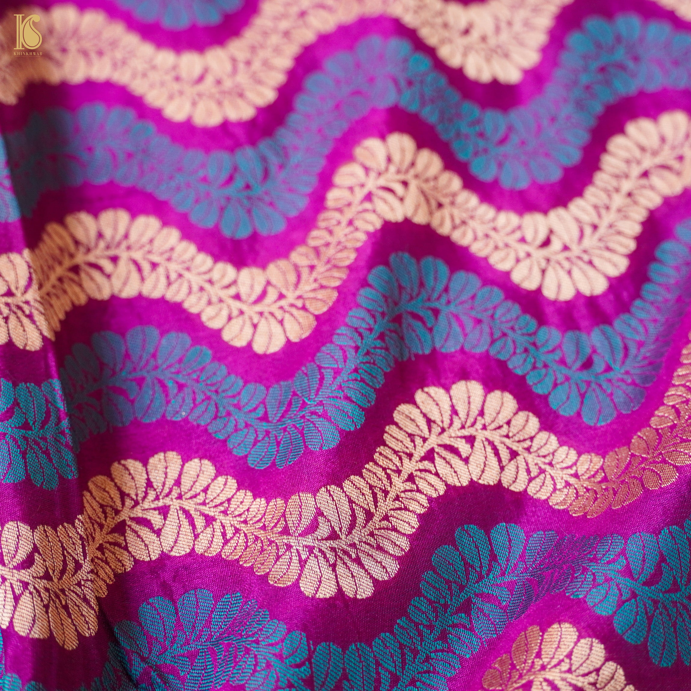 Violet Pure Katan Silk Banarasi Zig Zag Fabric - Khinkhwab
