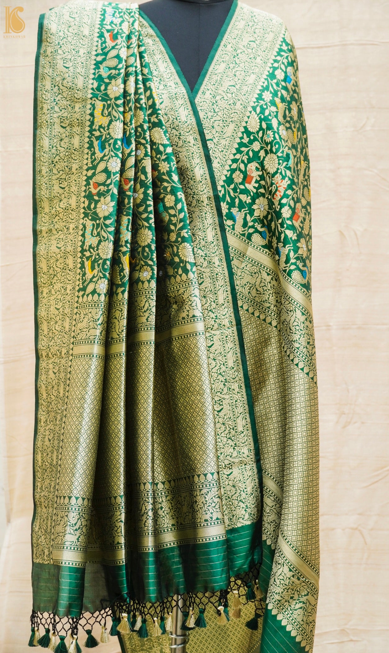 Eucalyptus Green Pure Katan Silk Handwoven Banarasi Shikargah Dupatta - Khinkhwab