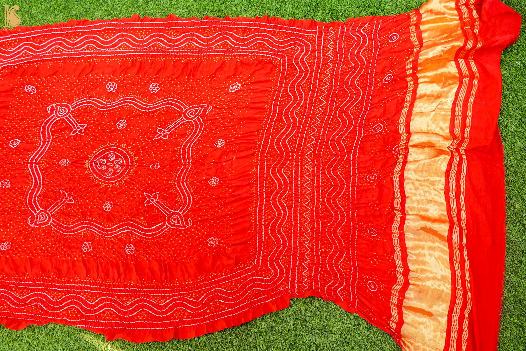 Red Pure Gajji Silk Bandhani Suit Fabric with Dupatta - Khinkhwab
