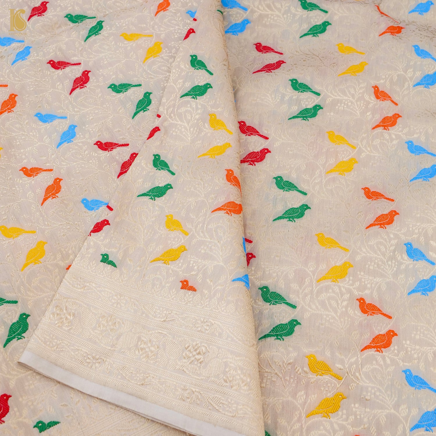 Pale Slate Pure Katan Silk Handwoven Banarasi Jaal Chidiya Dupatta - Khinkhwab