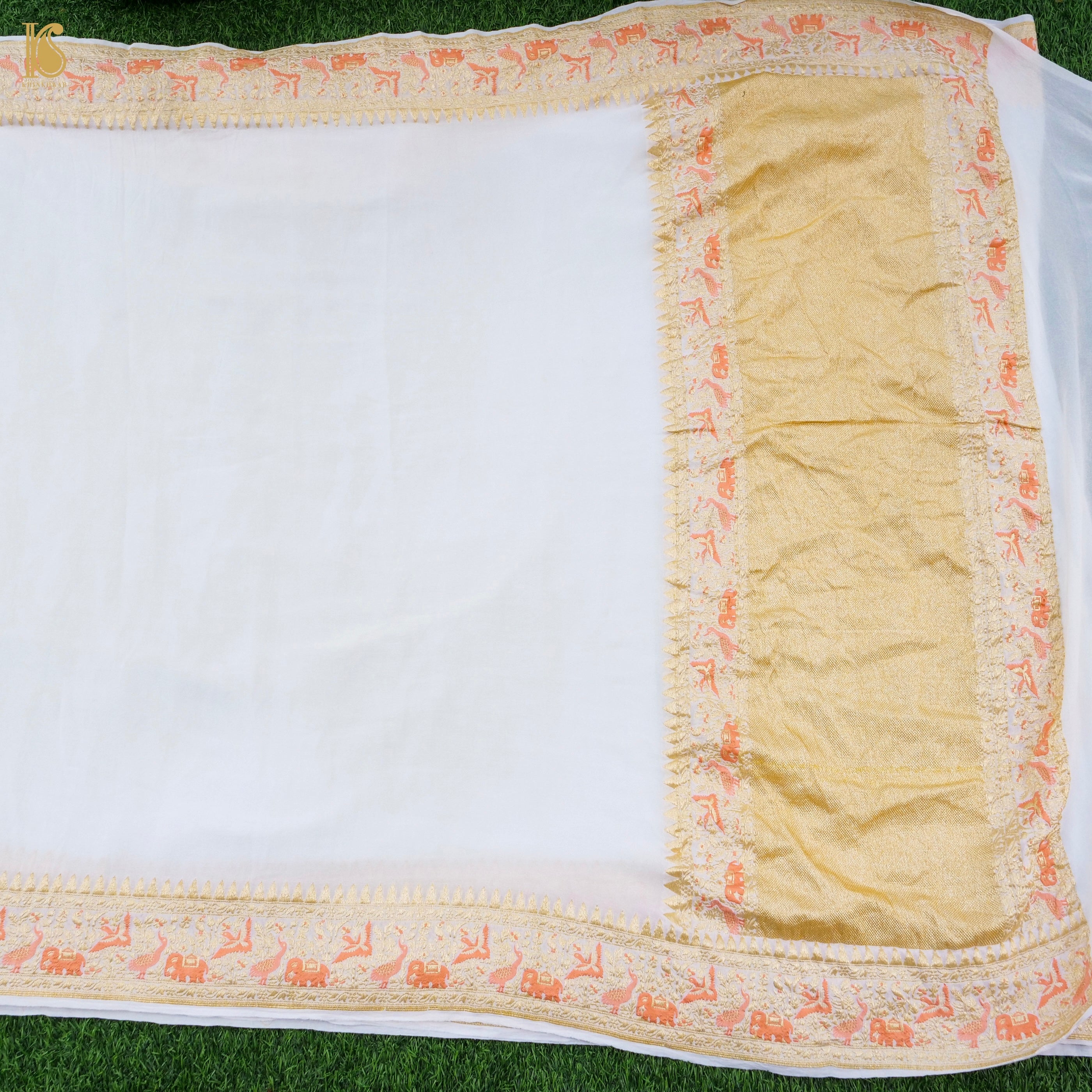 Birds of Paradise : White Pure Georgette Handloom Banarasi Saree - Khinkhwab