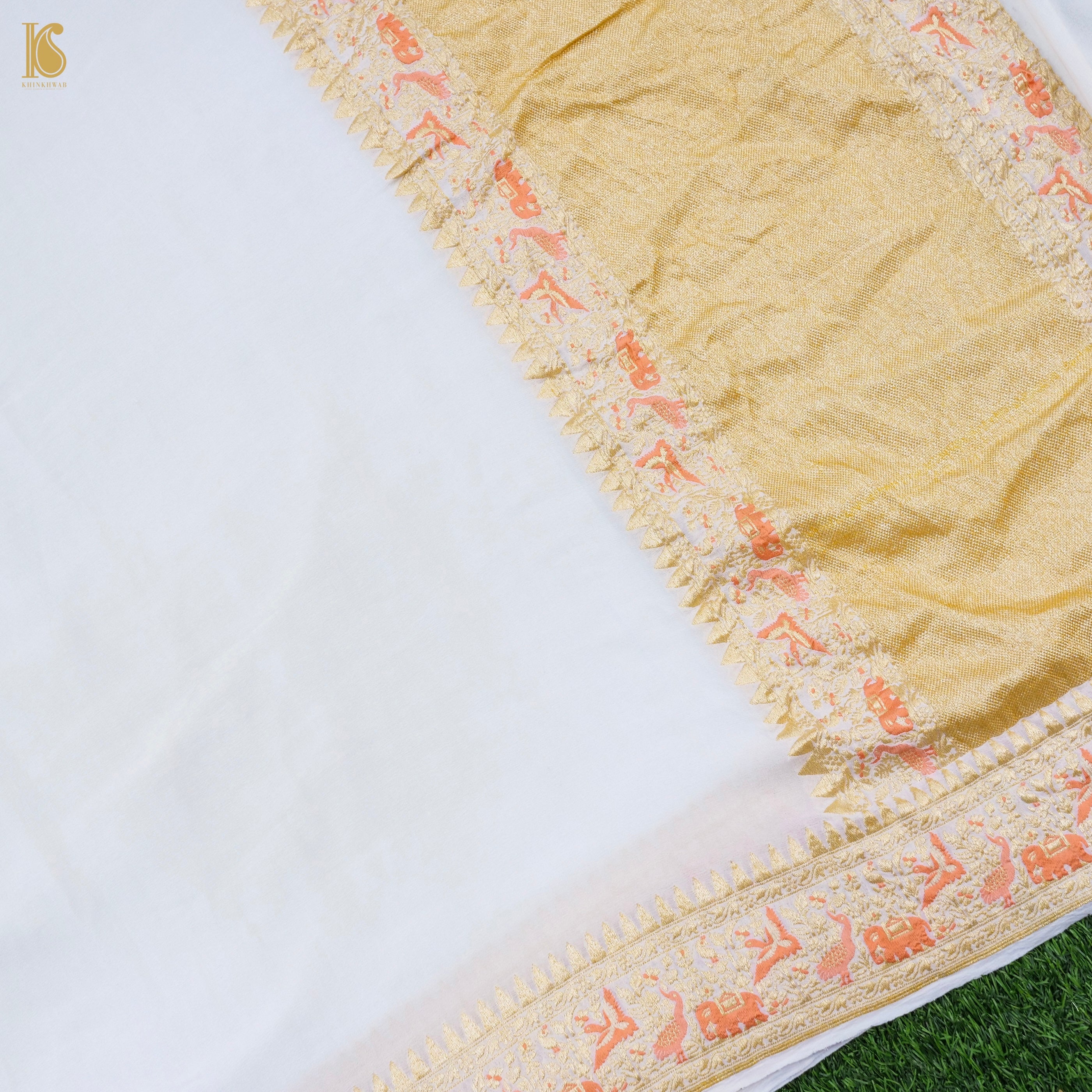 Birds of Paradise : White Pure Georgette Handloom Banarasi Saree - Khinkhwab