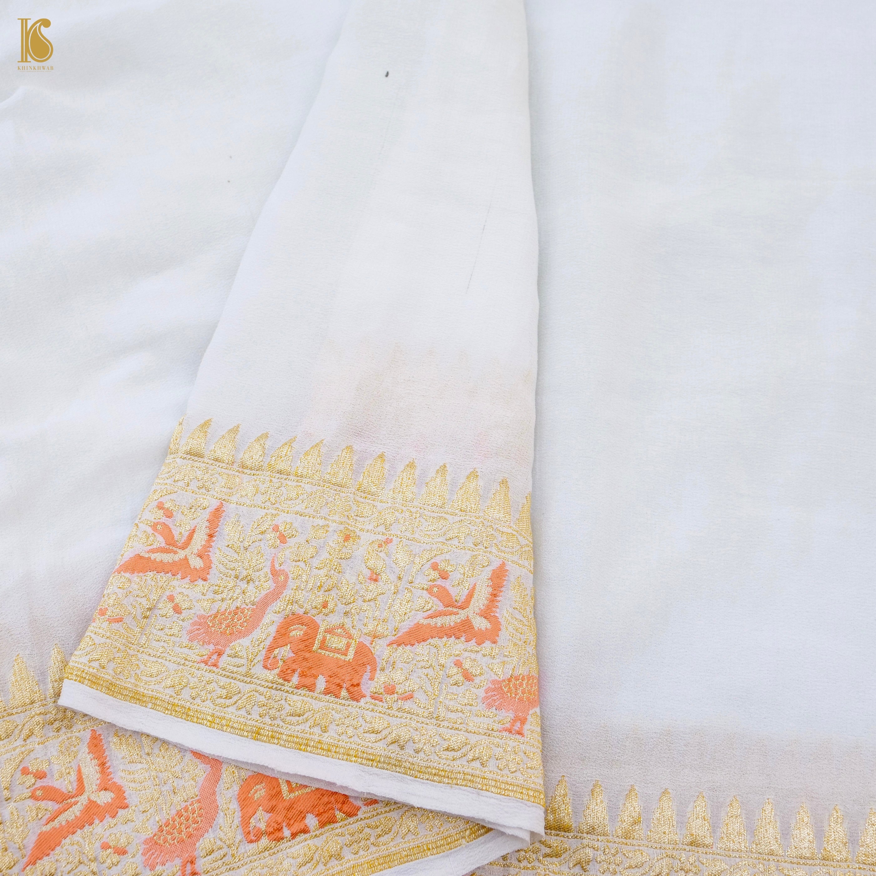 Birds of Paradise : White Pure Georgette Handloom Banarasi Saree - Khinkhwab