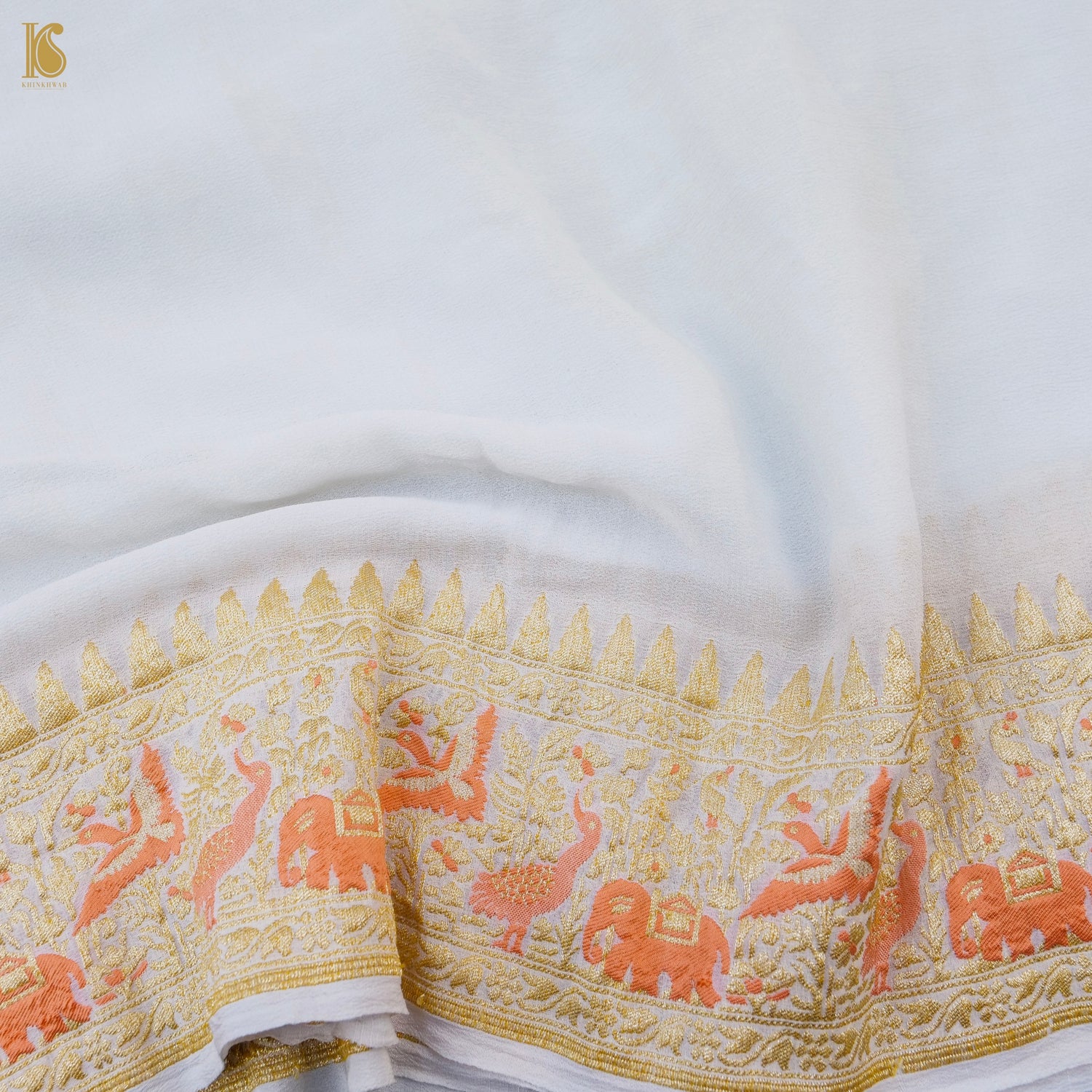 Birds of Paradise : White Pure Georgette Handloom Banarasi Saree - Khinkhwab