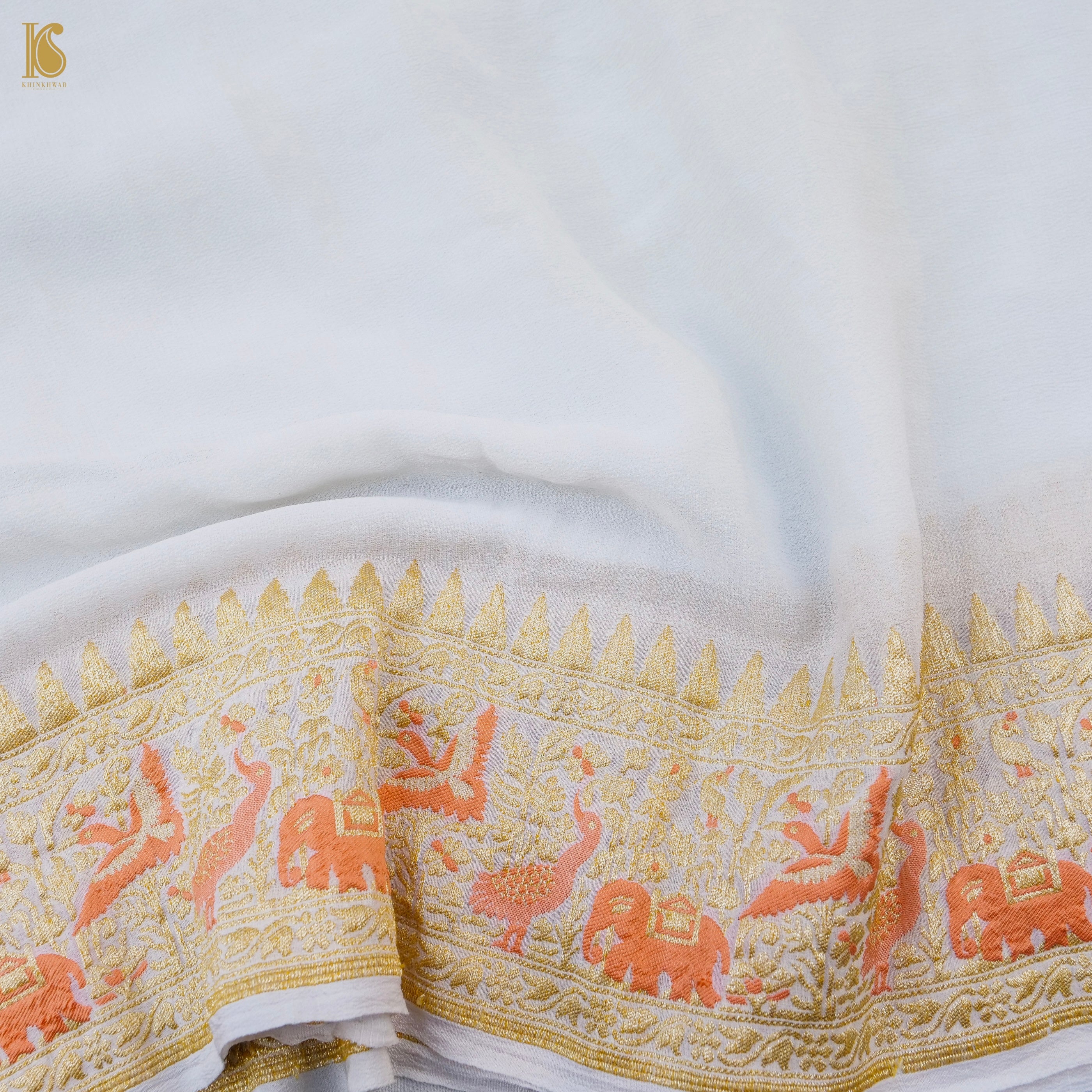 Birds of Paradise : White Pure Georgette Handloom Banarasi Saree - Khinkhwab