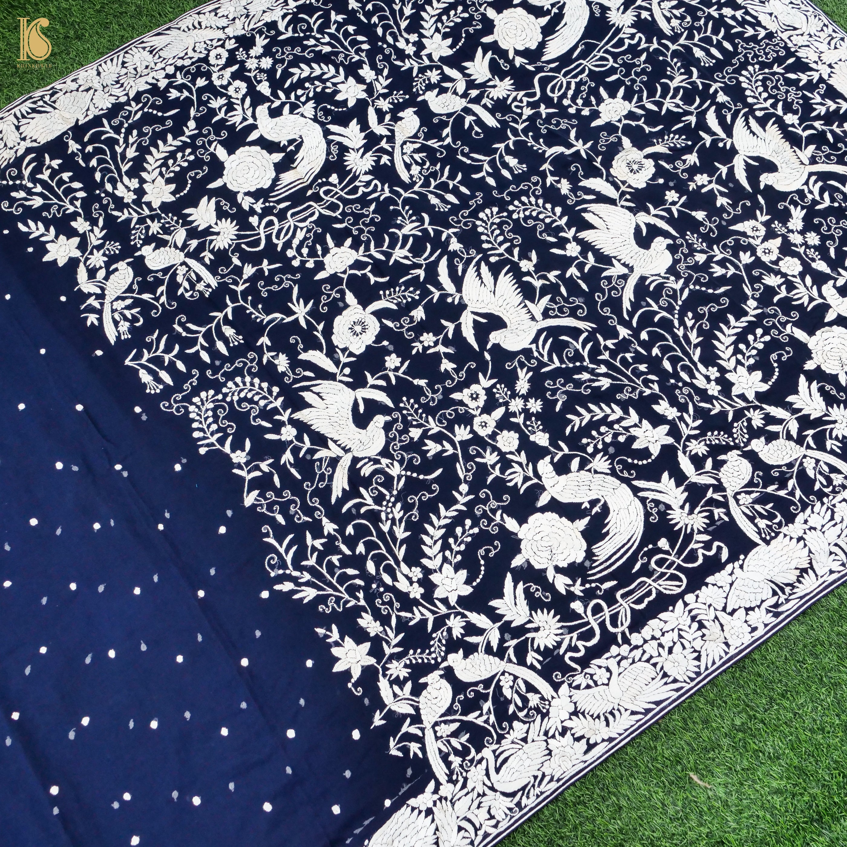 Blue Handcrafted Parsi Gara Pure Georgette Saree - Khinkhwab