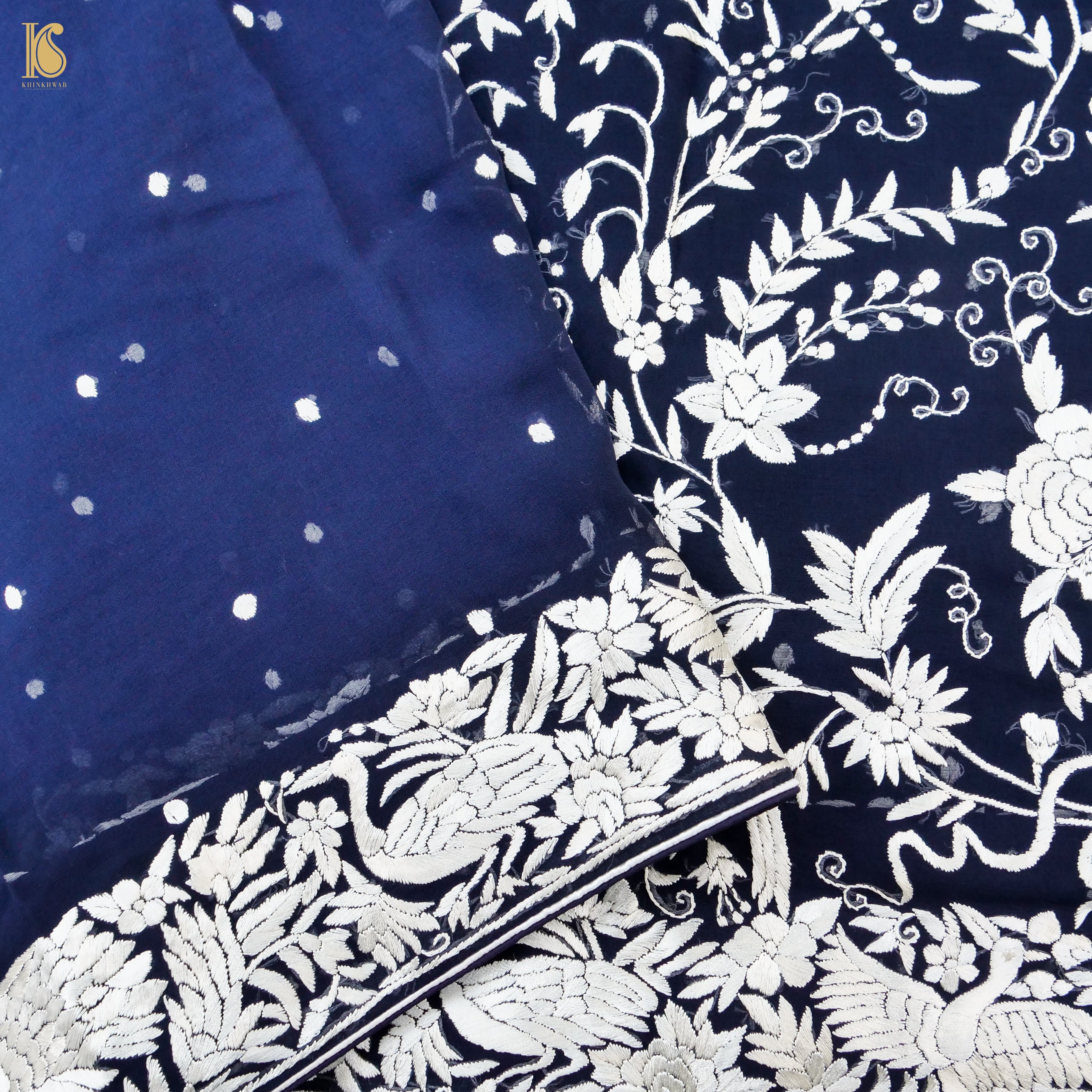 Blue Handcrafted Parsi Gara Pure Georgette Saree - Khinkhwab