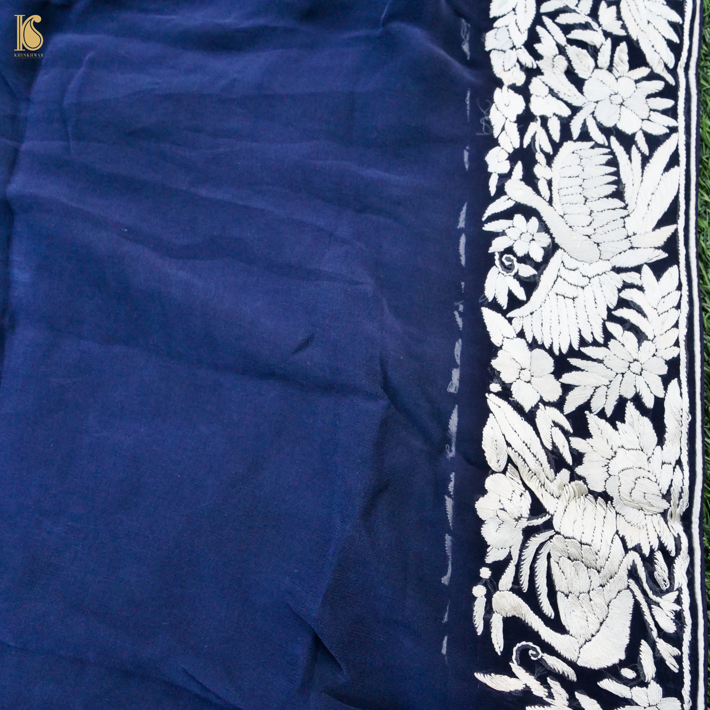 Blue Handcrafted Parsi Gara Pure Georgette Saree - Khinkhwab