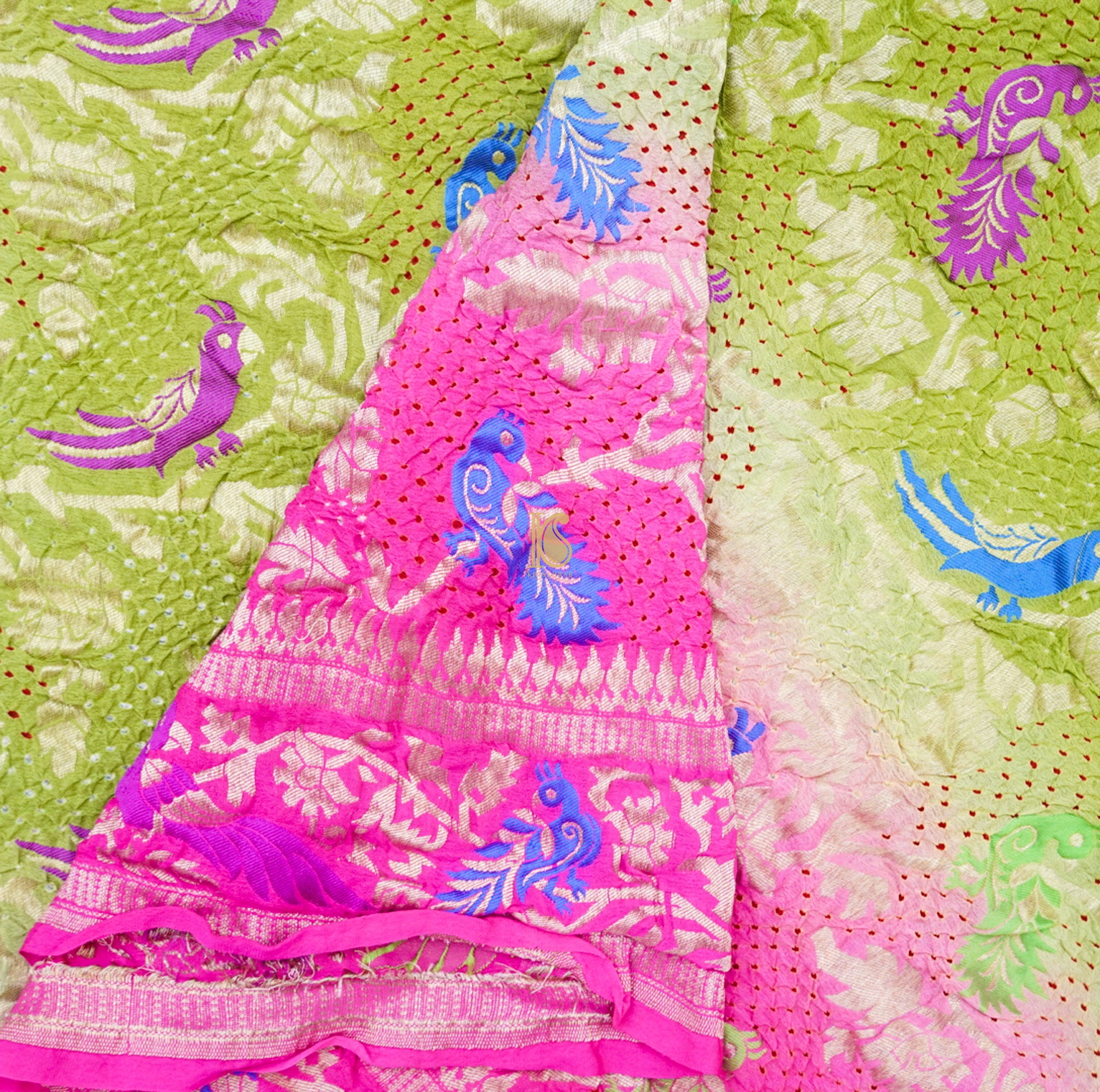 Olive Green & Pink Georgette Handloom Bandhani Banarasi Dupatta - Khinkhwab