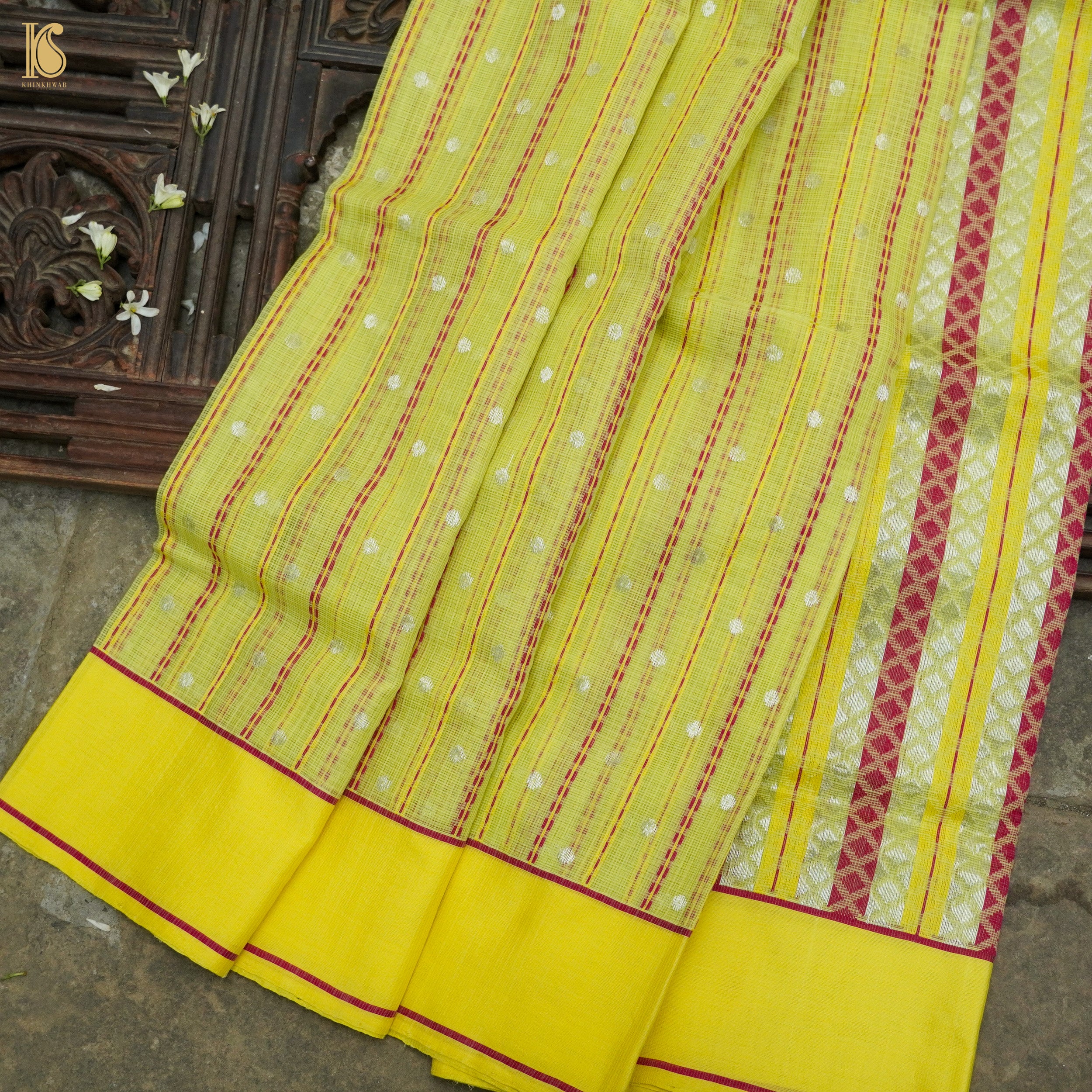 Handwoven Sunflower Yellow Real Zari Kota Silk Stripes Saree - Khinkhwab