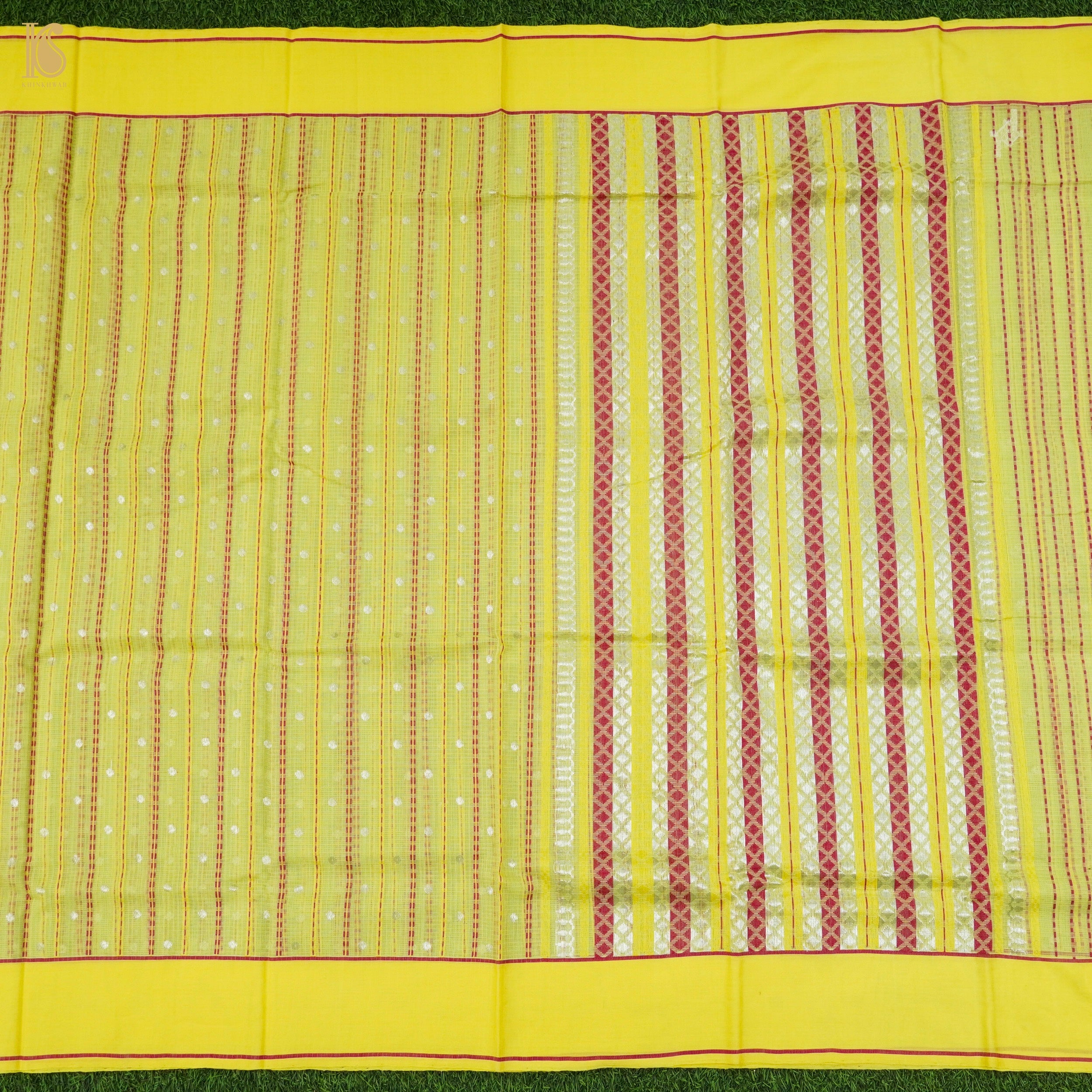 Handwoven Sunflower Yellow Real Zari Kota Silk Stripes Saree - Khinkhwab