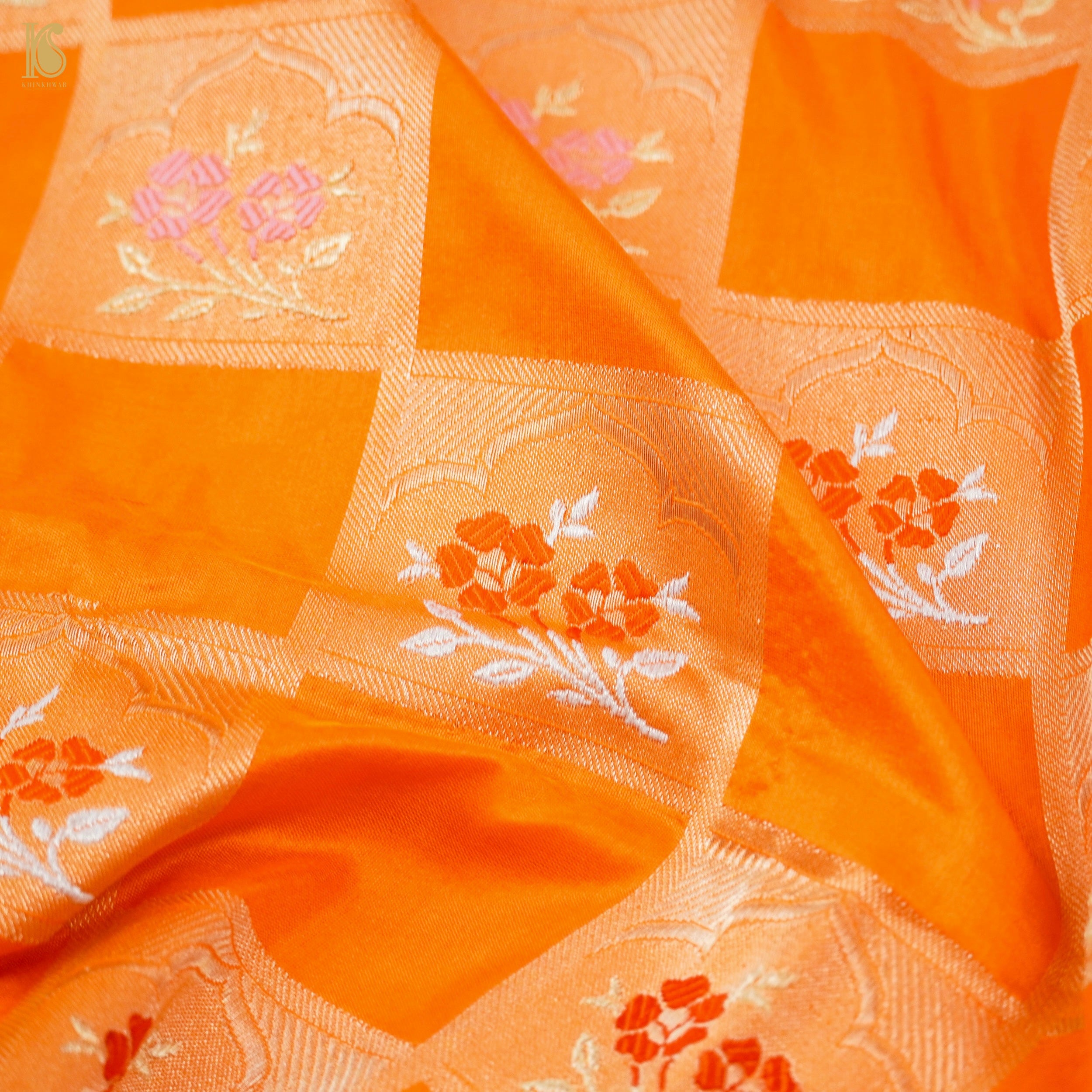 Pumpkin Orange Handloom Banarasi Pure Katan Silk Kadwa Saree - Khinkhwab