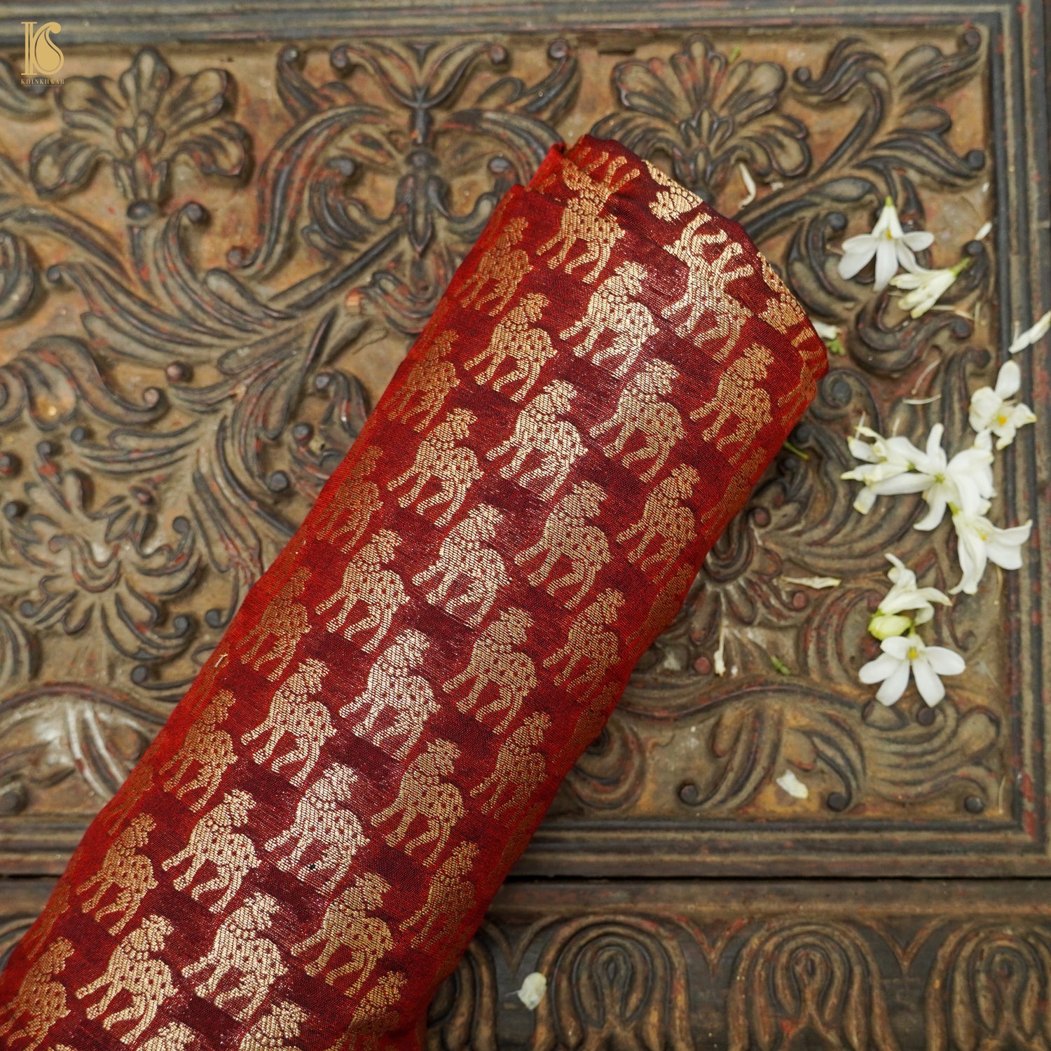Red Oxide Banarasi Semi Silk Fabric - Khinkhwab