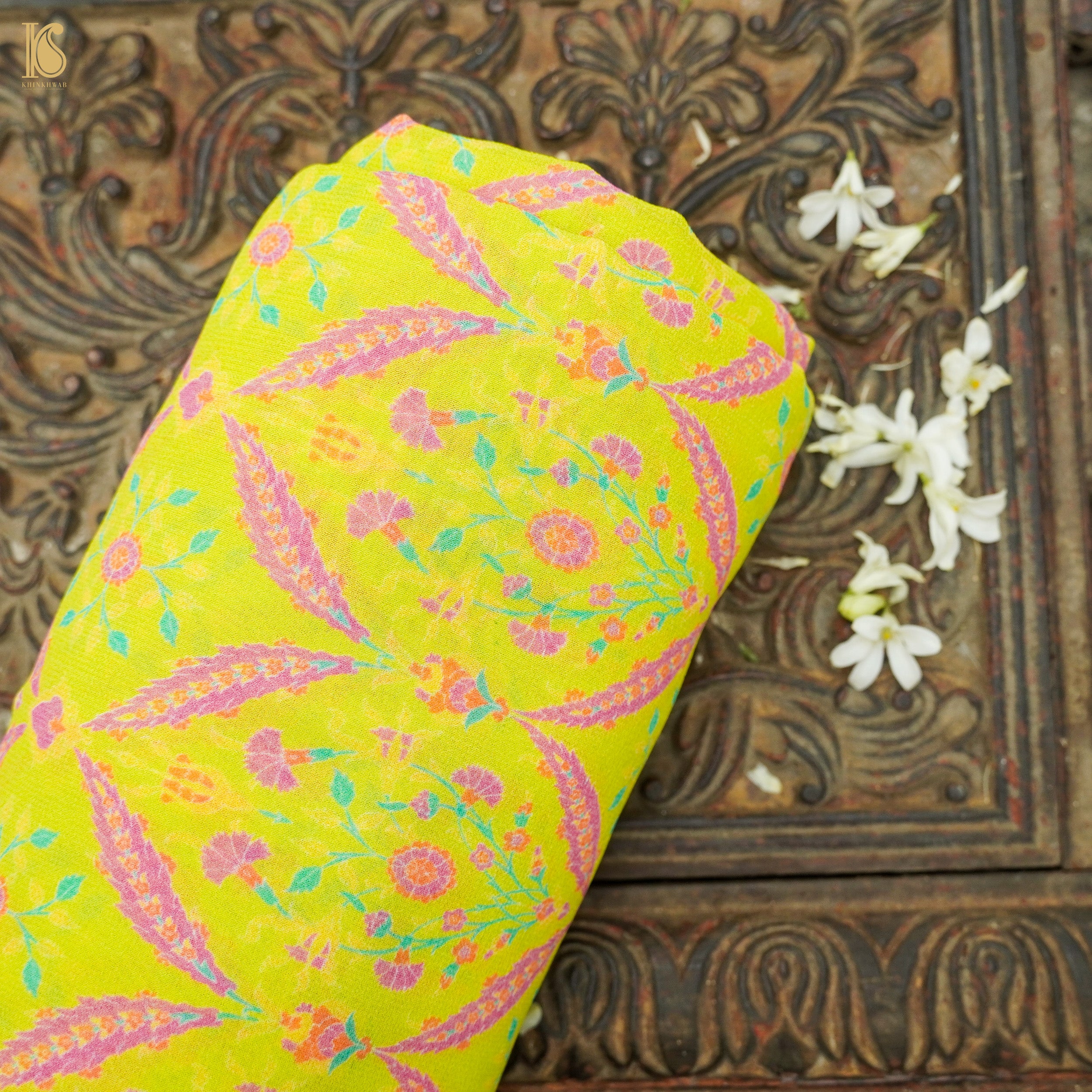 NERGİS - La Rioja Green Pure Georgette Silk Print Fabric - Khinkhwab
