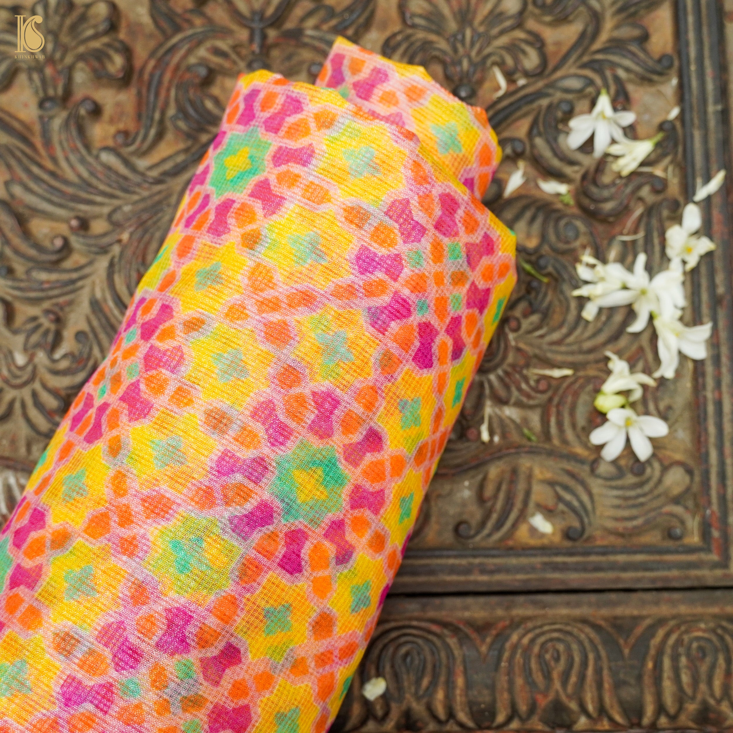 Nilufer - Golden Tainoi Yellow Pure Kota Silk Print Fabric - Khinkhwab