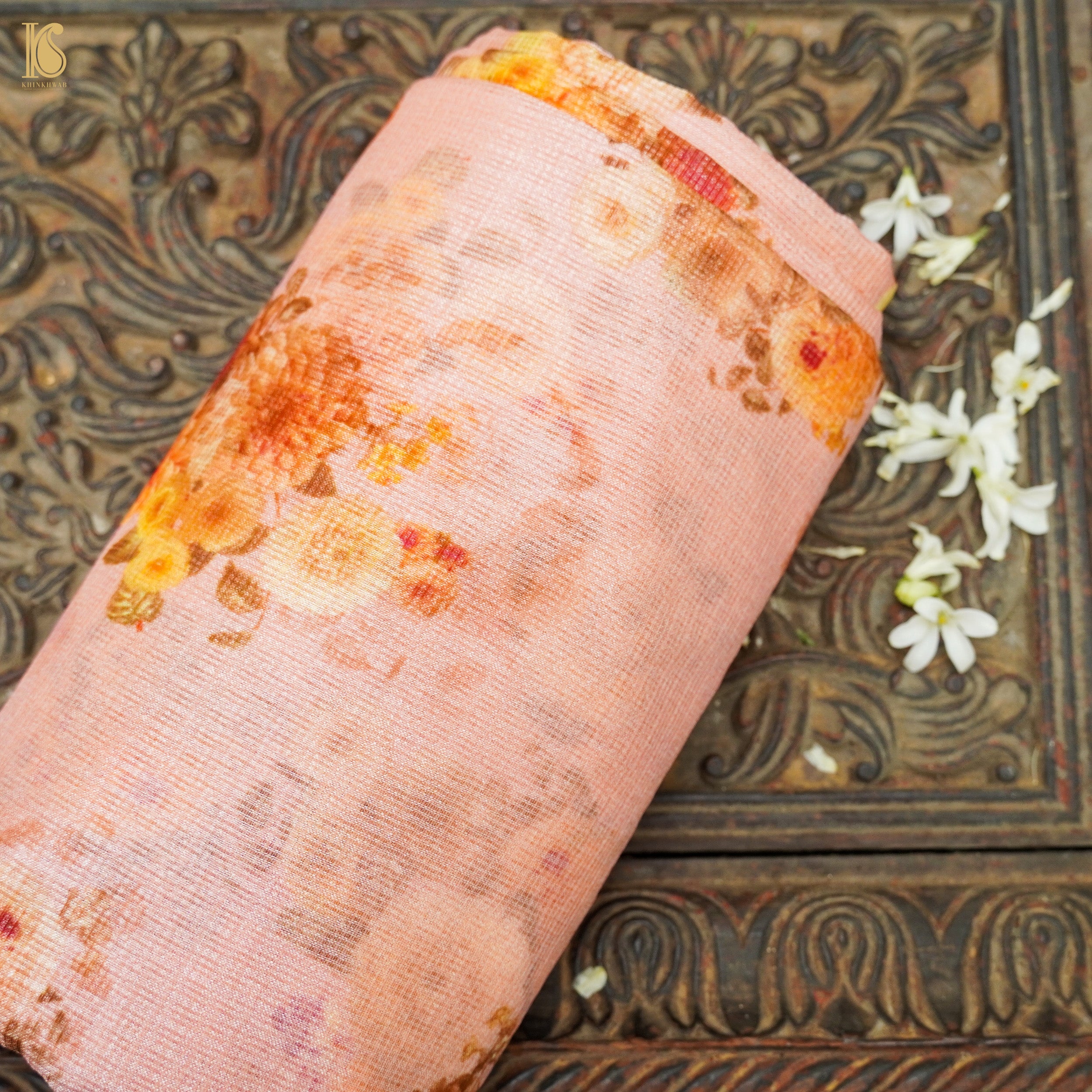 Shilo Pink Pure Kota Silk Print Floral Fabric - Khinkhwab