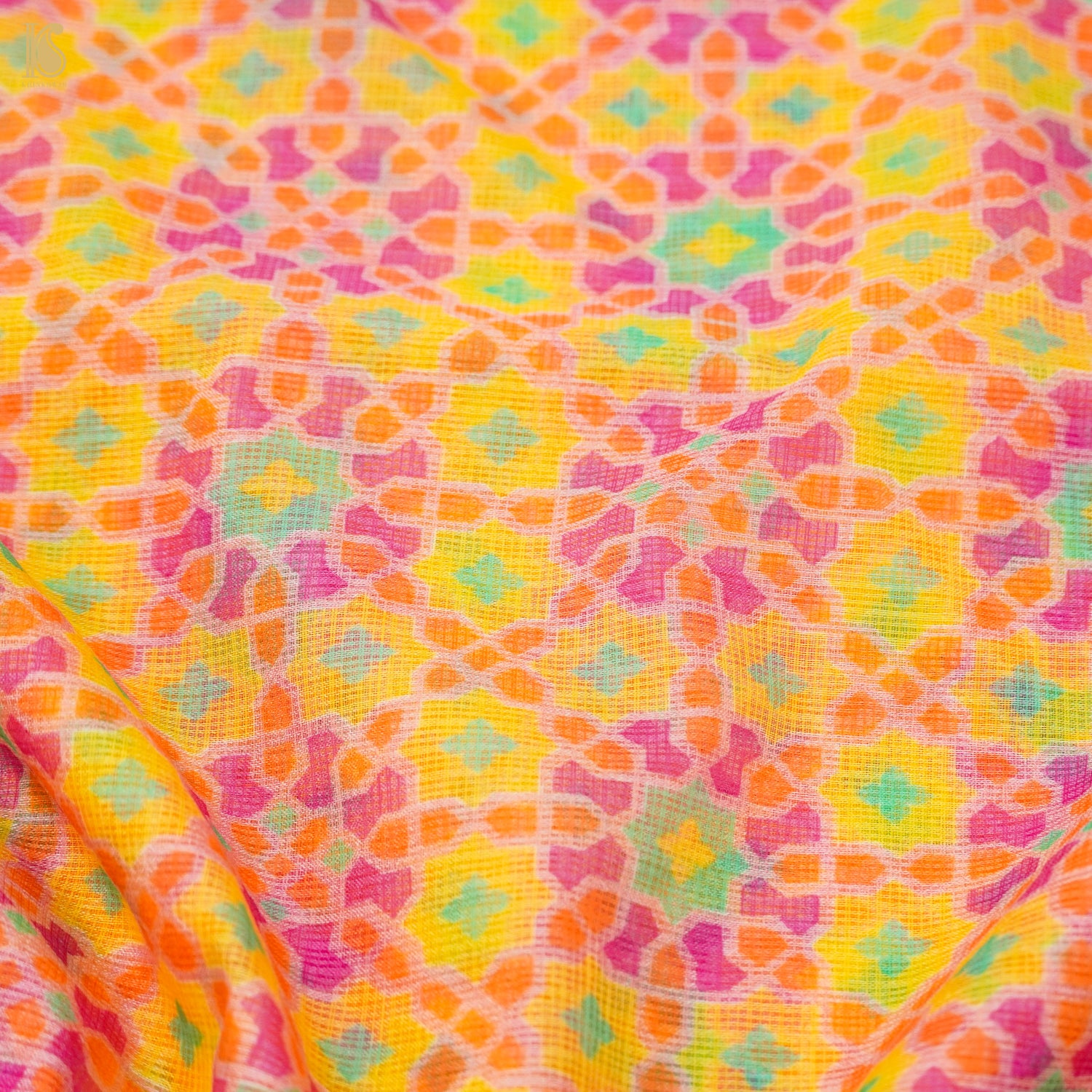 Nilufer - Golden Tainoi Yellow Pure Kota Silk Print Fabric - Khinkhwab