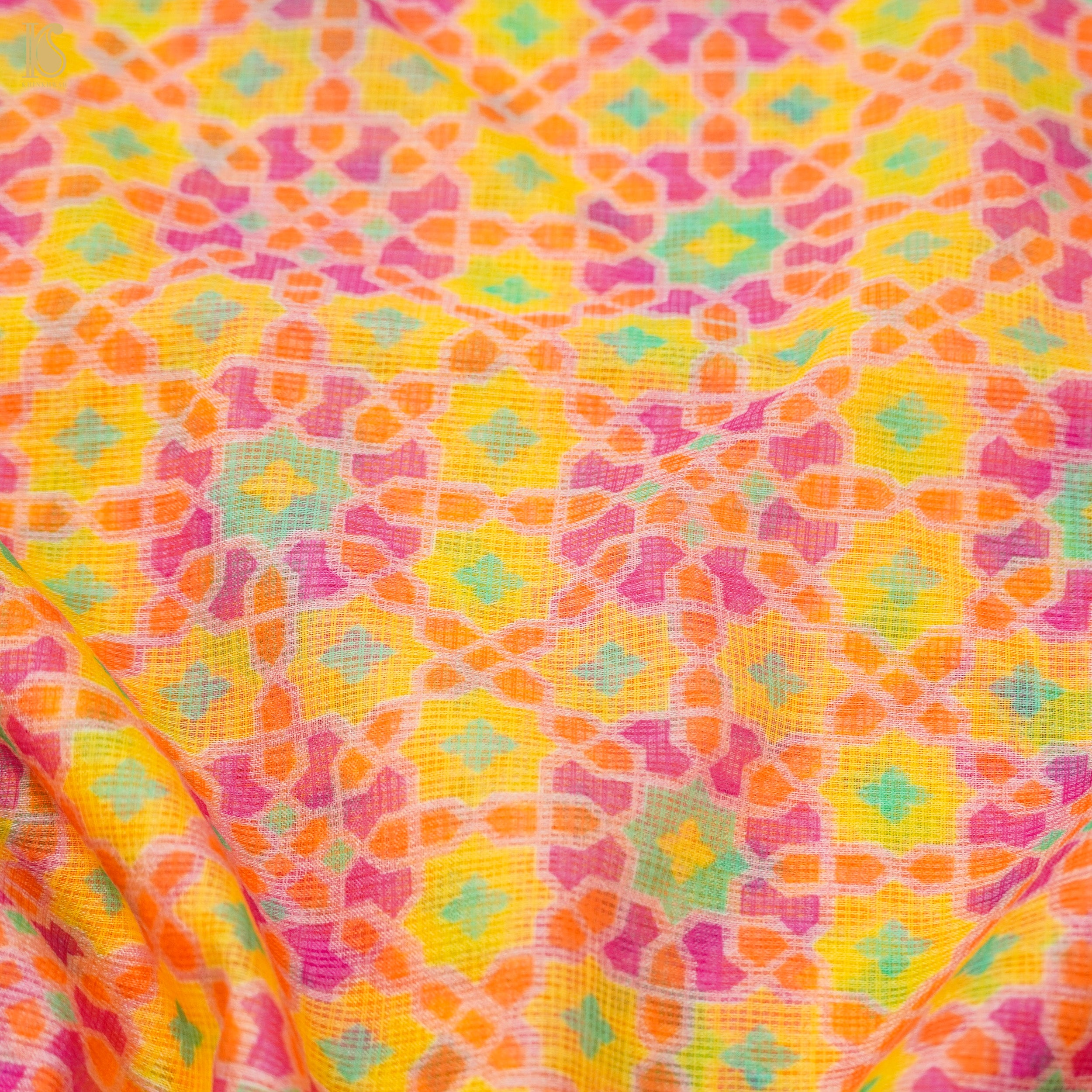 Nilufer - Golden Tainoi Yellow Pure Kota Silk Print Fabric - Khinkhwab