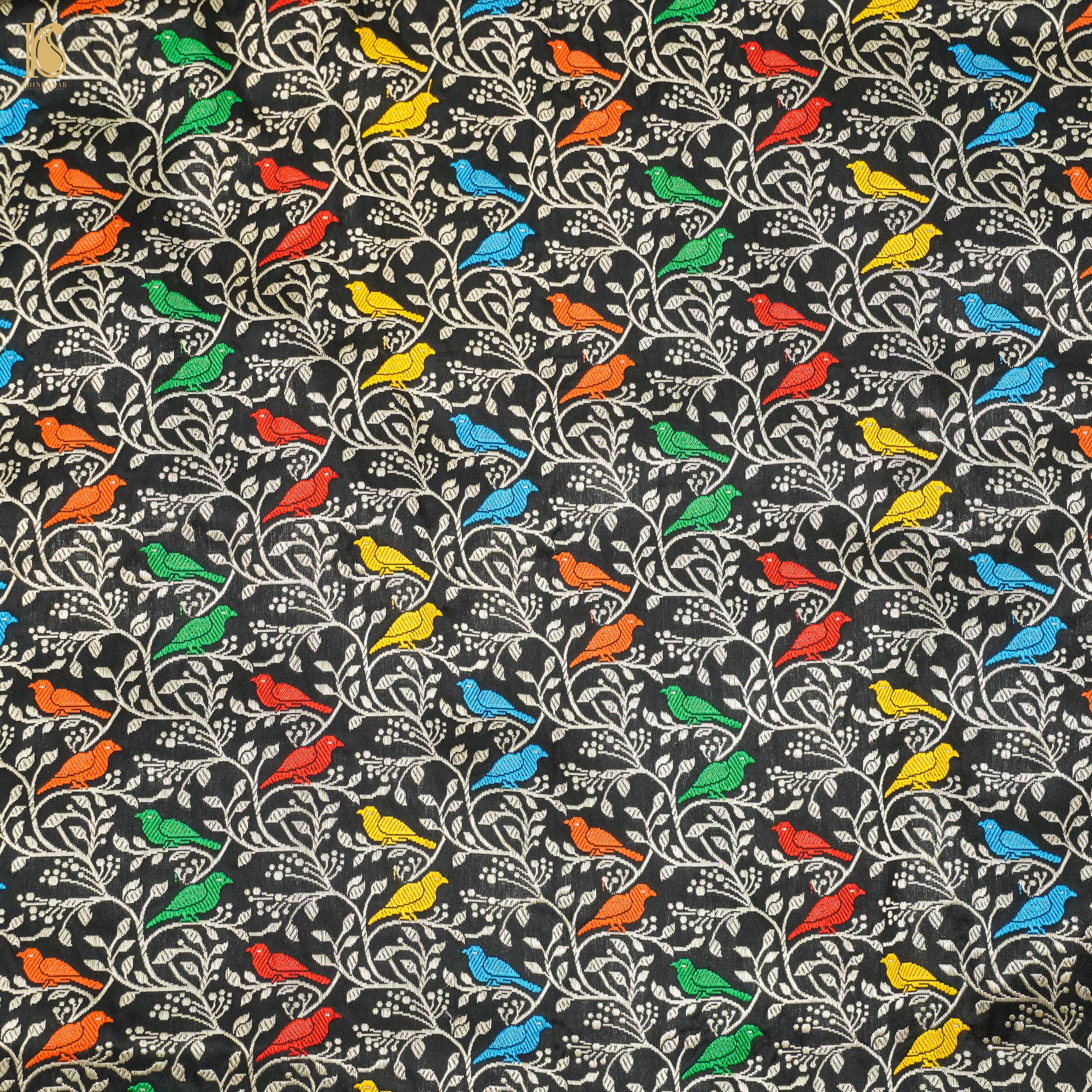 Handwoven Black Pure Katan Silk Banarasi Birds Fabric - Khinkhwab