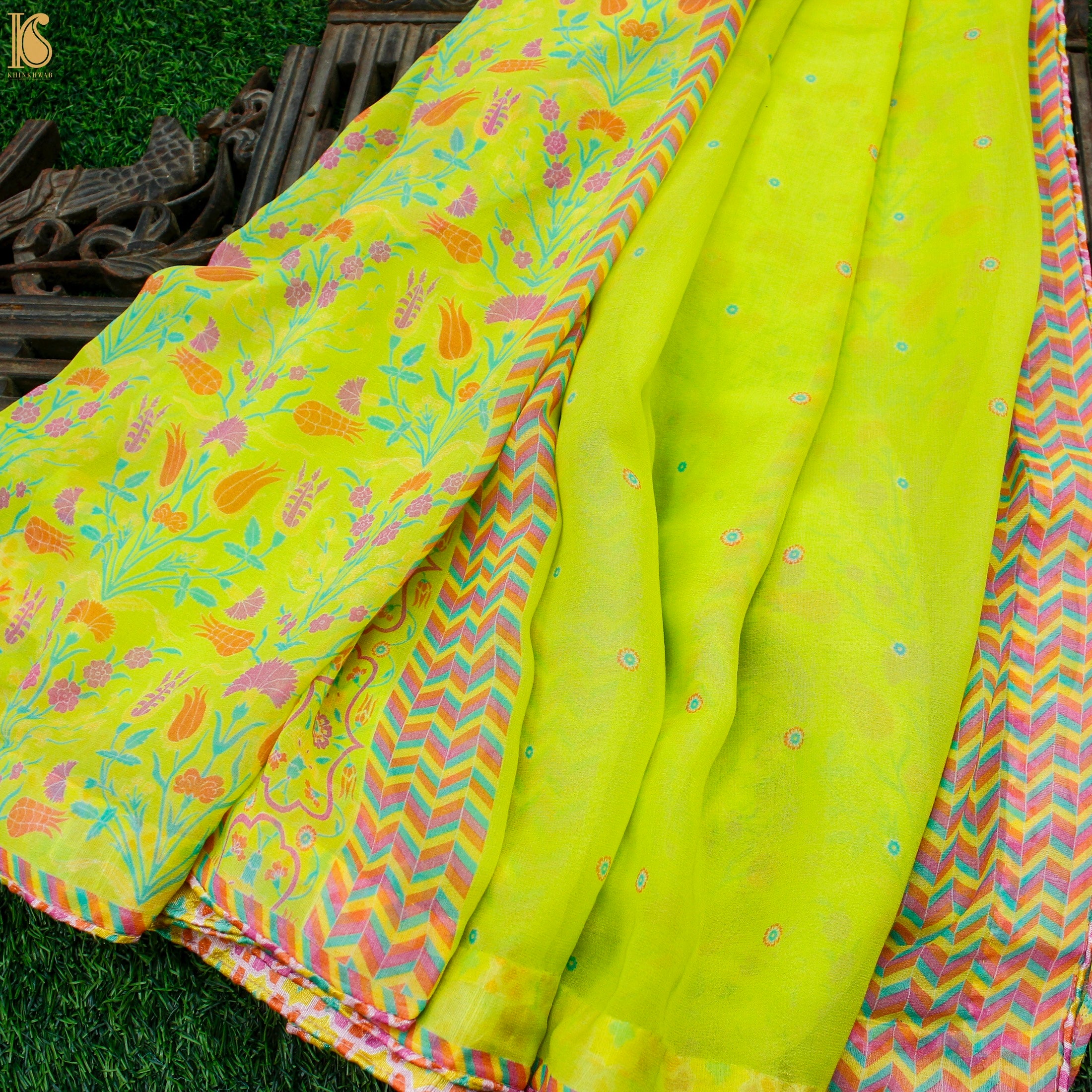Lale - Rio Grande Green Pure Georgette Silk Print Saree - Khinkhwab