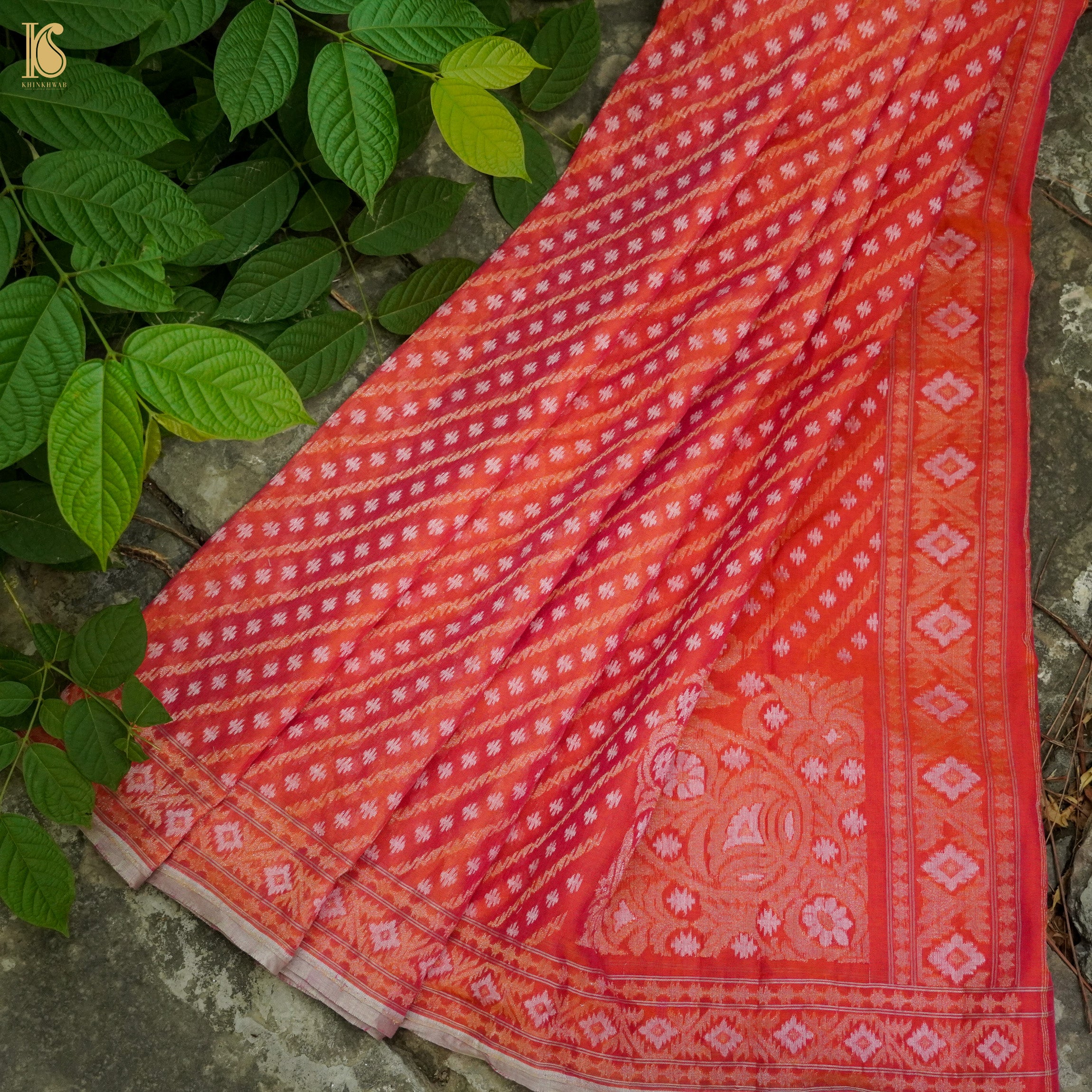Orange Pure Cotton Handloom Banarasi Jamdani Ektara Saree - Khinkhwab