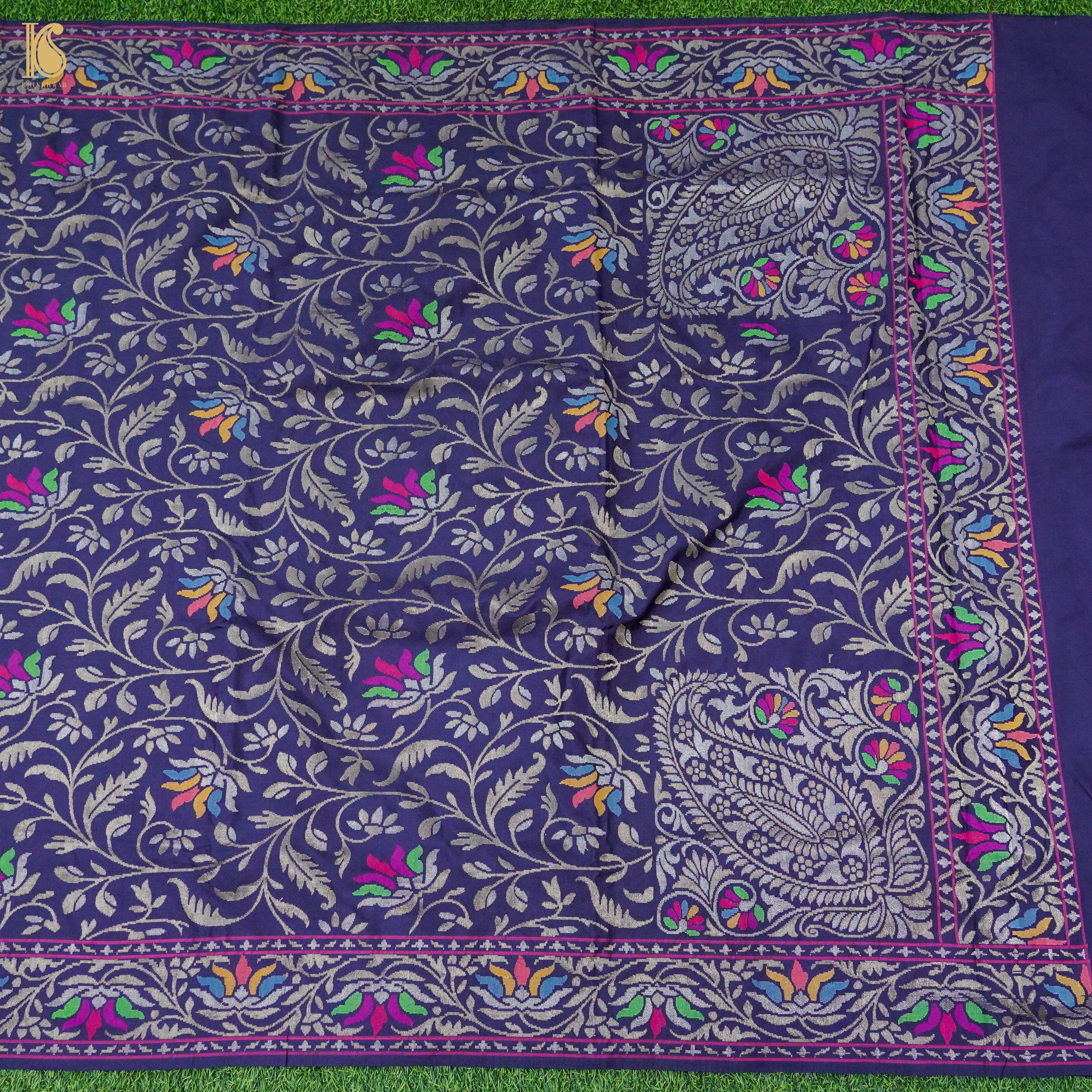 Neelambari Handwoven Pure Silk Real Zari Banarasi Meenakari Jamdani Saree - Khinkhwab