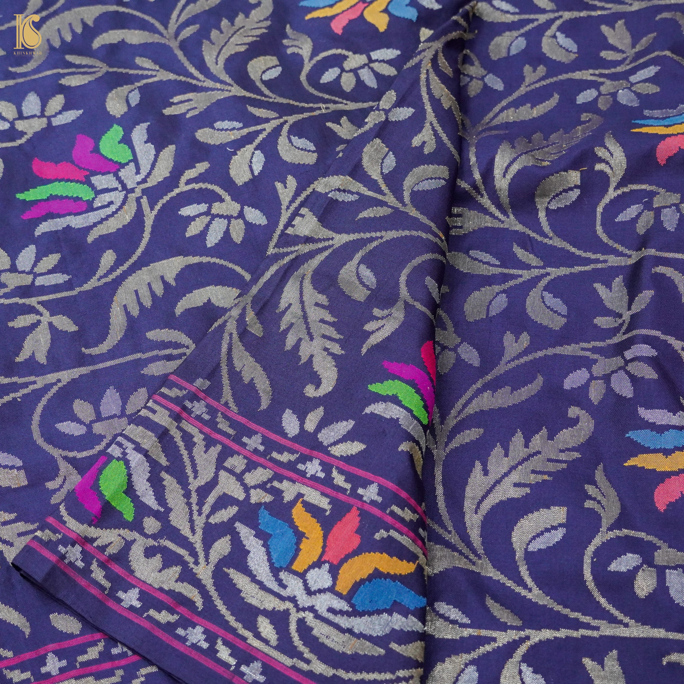 Neelambari Handwoven Pure Silk Real Zari Banarasi Meenakari Jamdani Saree - Khinkhwab