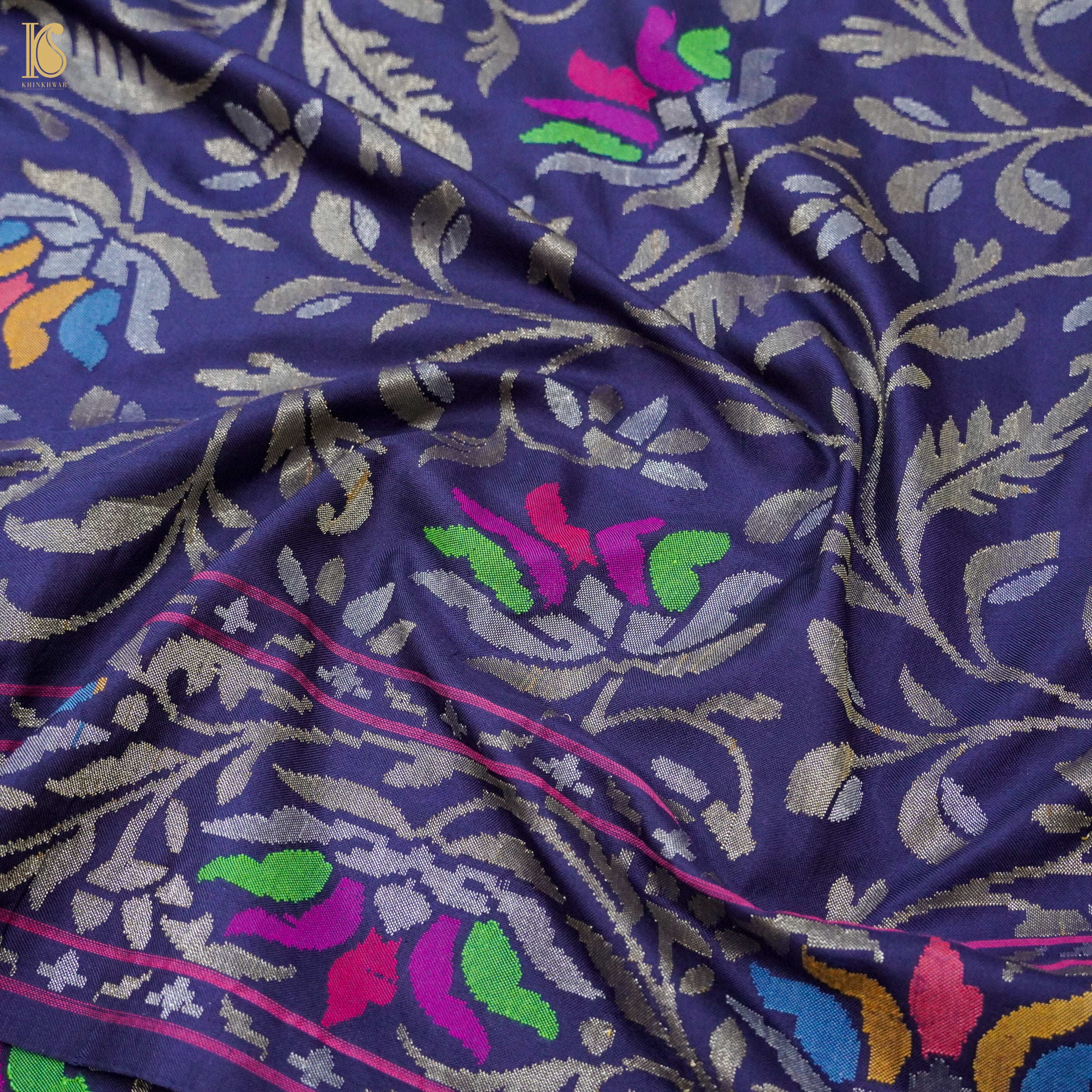 Neelambari Handwoven Pure Silk Real Zari Banarasi Meenakari Jamdani Saree - Khinkhwab