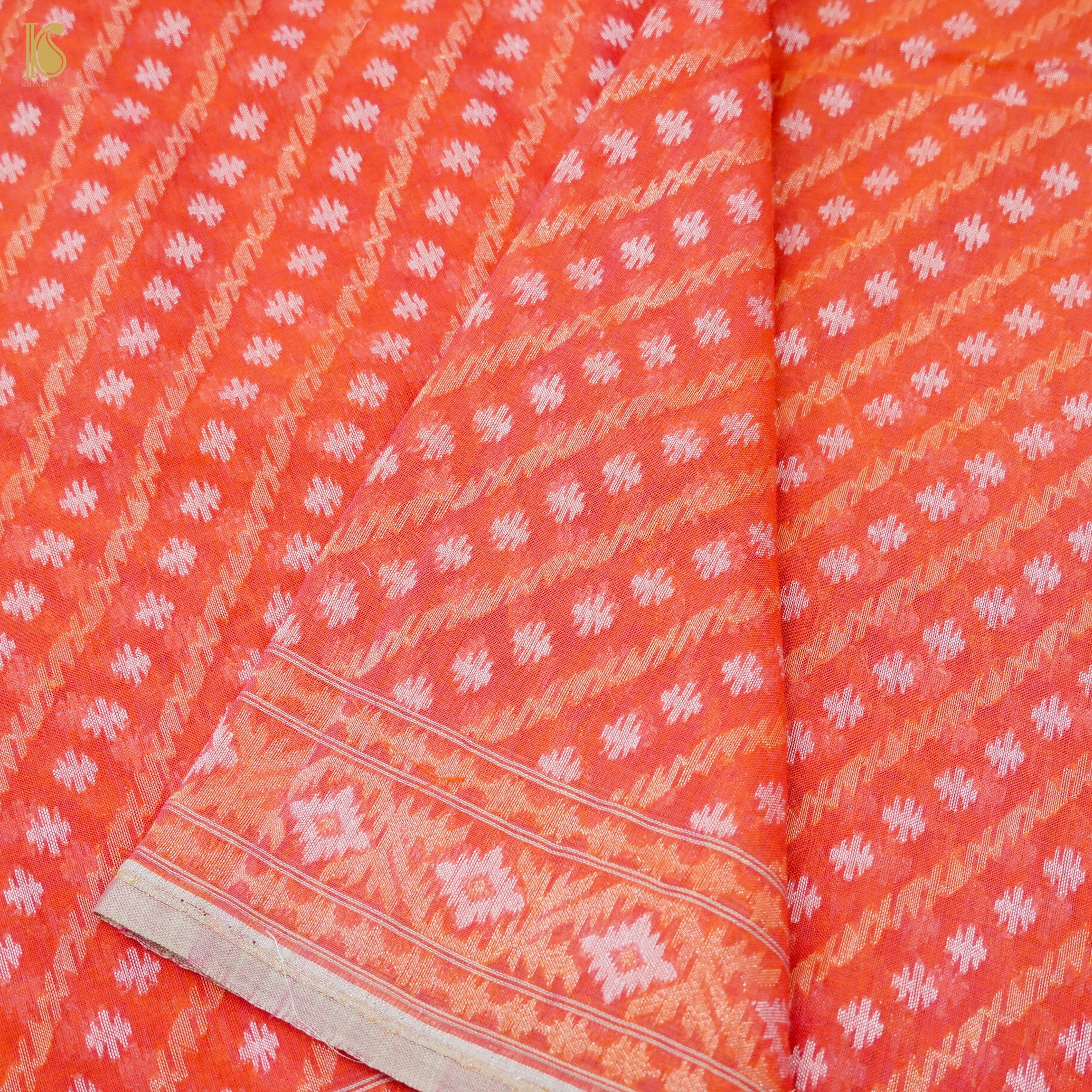 Orange Pure Cotton Handloom Banarasi Jamdani Ektara Saree - Khinkhwab