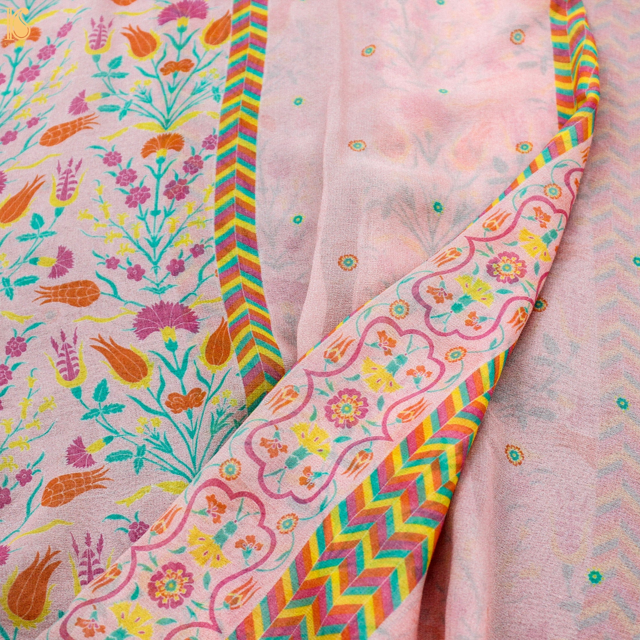 Lale - Azalea Pink Pure Georgette Silk Print Saree - Khinkhwab