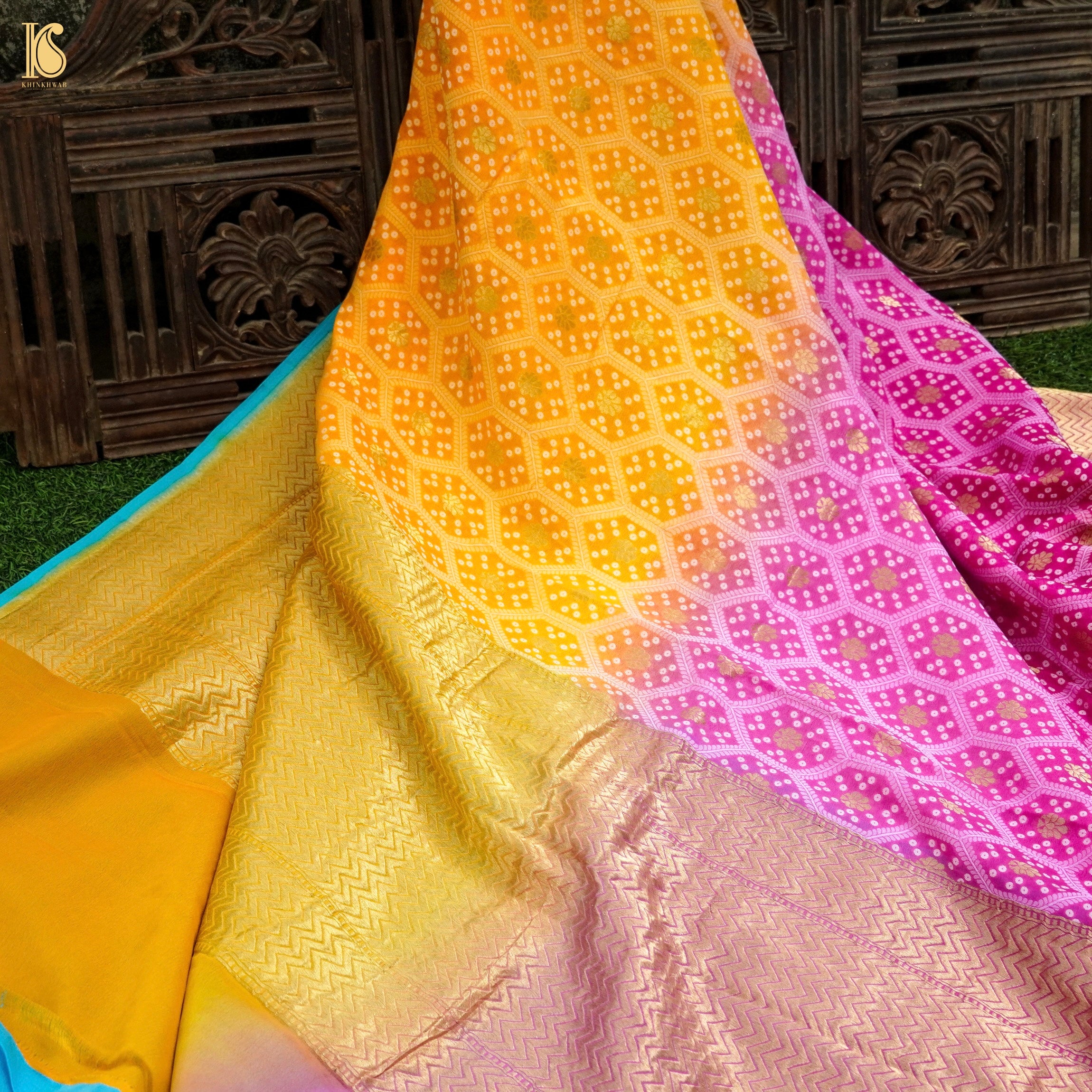 Pink & Yellow Pure Georgette Banarasi Honeycomb Saree - Khinkhwab
