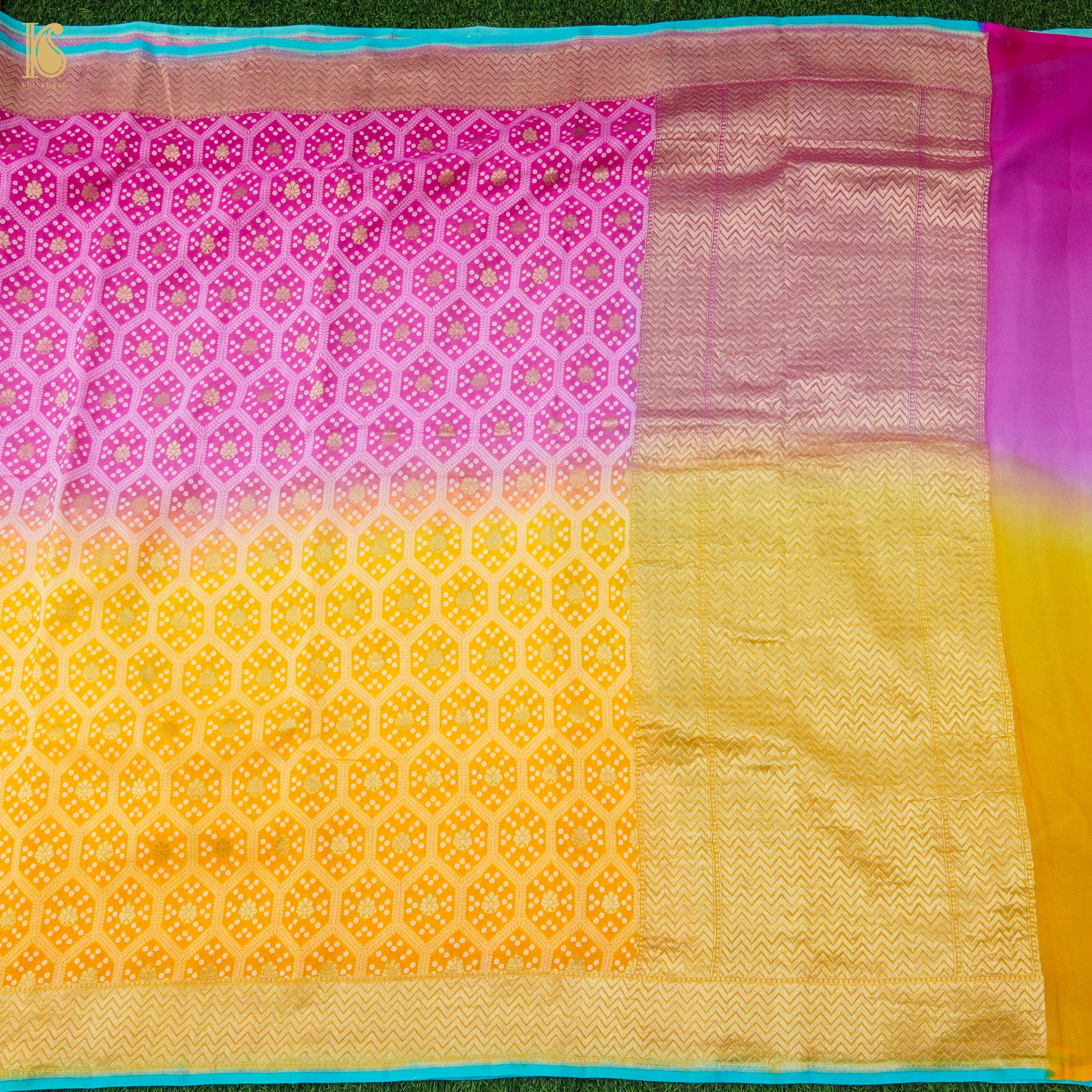 Pink & Yellow Pure Georgette Banarasi Honeycomb Saree - Khinkhwab